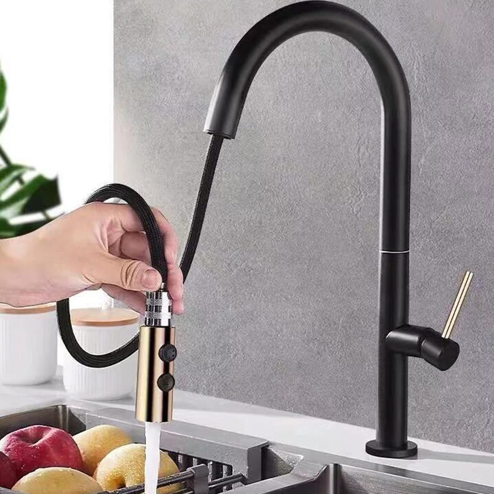 Rubinetto Cucina Nero Con Doccetta Estraibile - Miscelatore A Parete Ottone - Foto 2