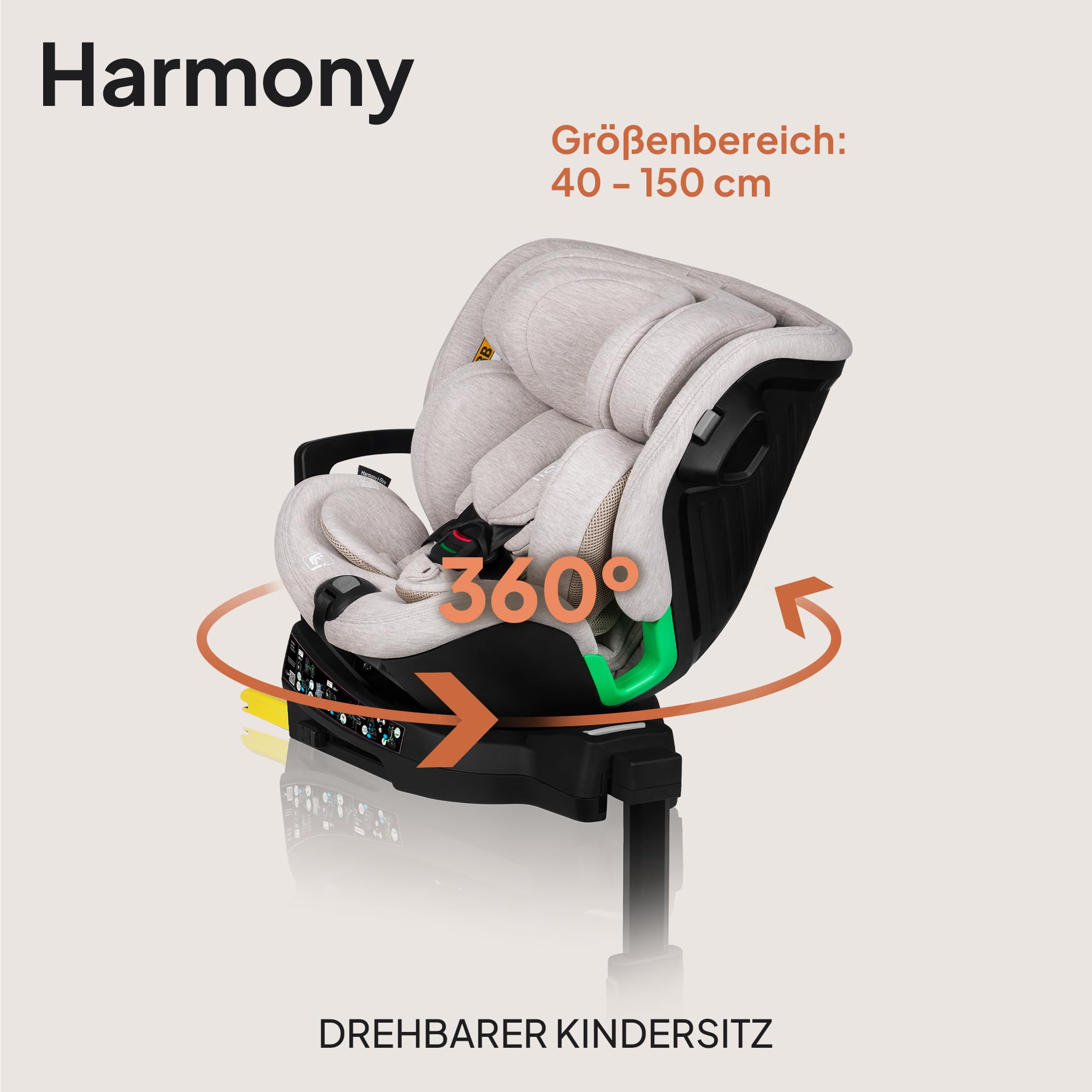 LIONELO HARMONY I-SIZE Drehbarer Kindersitz 360° für Kinder von 40-150 cm | Montage mit ISOFIX + Stabilisierungsbein, Kopfstützen- und Rückenverstellung, Dri-Seat Reduktionseinlage