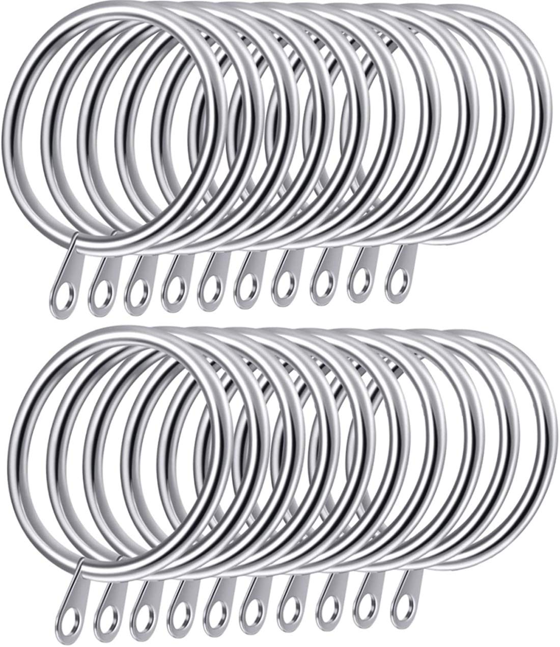 MAKINGTEC Curtain Rings,20pcs 32mm Metal Curtain Drapery Pole Rod Rings with Fixed Eyes & 20pcs Plastic Curtain Hooks,Silver Metal Curtain Rings Hanging Rings for Curtains and Rods Silver