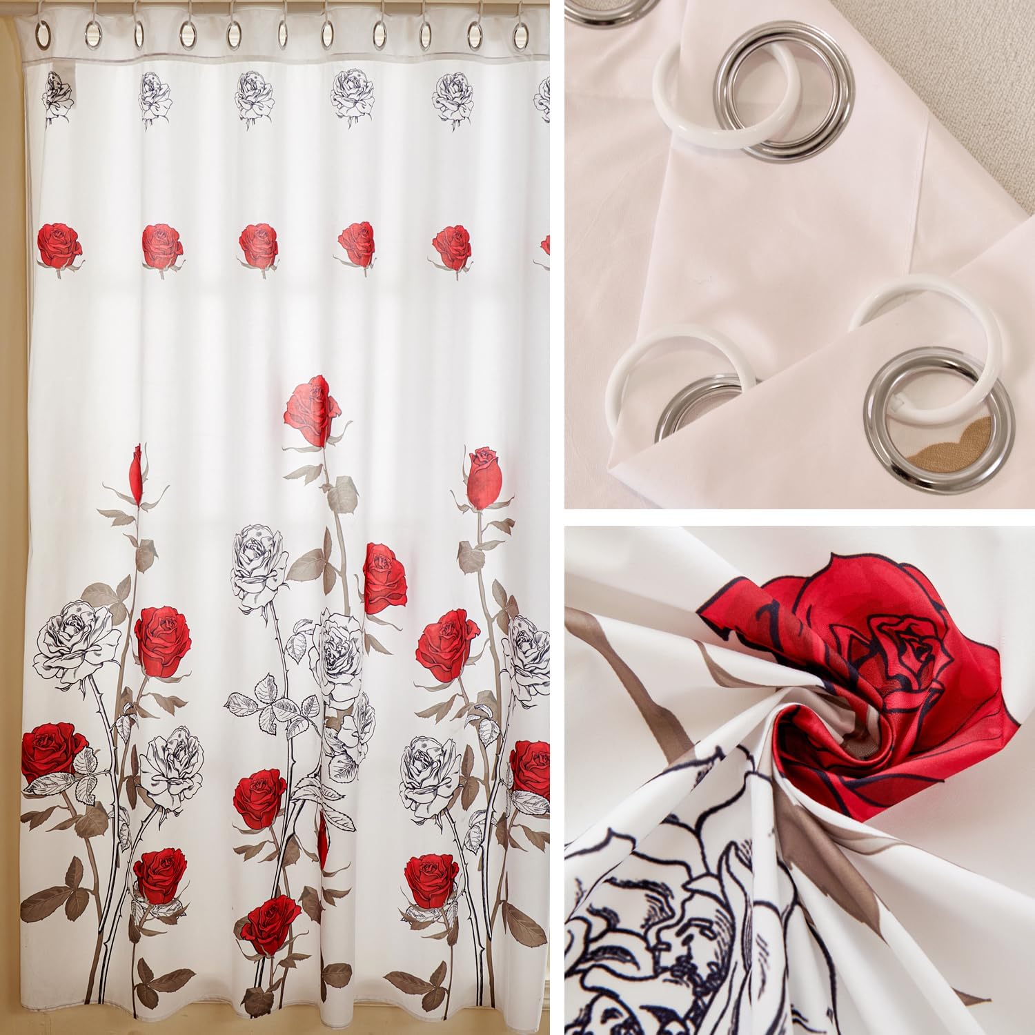 EVENHUG Red Rose Shower Curtain with Hooks Waterproof Floral Flowers Shower Curtain for Bathroom 72x72 inch