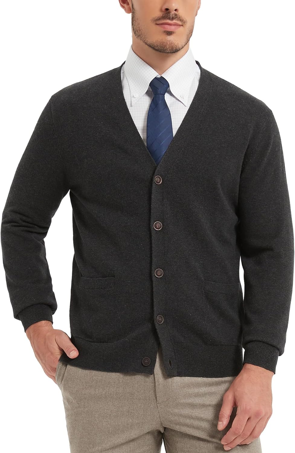 Kallspin Men’s Pure Cotton Cardigan Sweater V-Neck Button Down Cardigan Lightweight Knitwear with Pockets