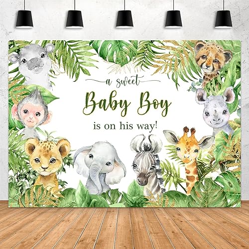 Aperturee Telón de fondo de animales de safari en la selva de 7 x 5 pies, Baby Boy is On His Way It's a Boy Fondo de fotografía, hojas verdes,