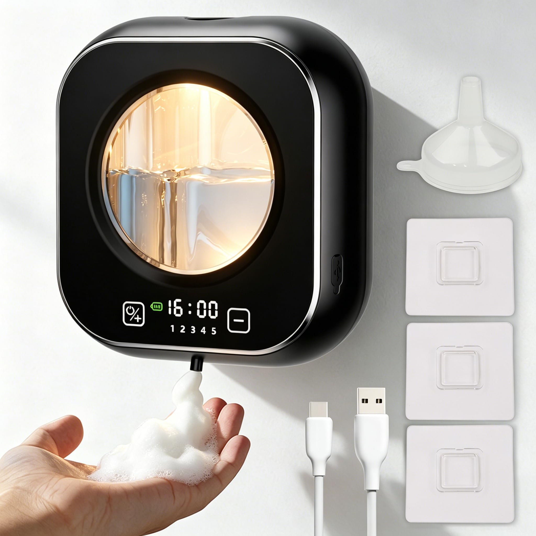 Automatico Dispensador Jabon Baño,320ml Dosificador de Jabón Líquido para Pared, Jabonera Cocina Dosificador Carga USB con Sensor Dispensador Jabon Cocina, Apto para Cocina, Baño, Hotel