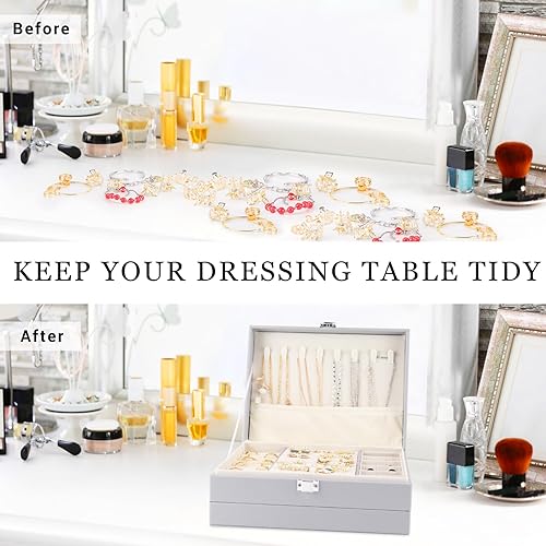 Vista 2 de LOMEVE Joyero con bandeja extraíble, organizador de joyería de piel sintética para mujeres y niñas, 2 capas organizador de joyas para collares