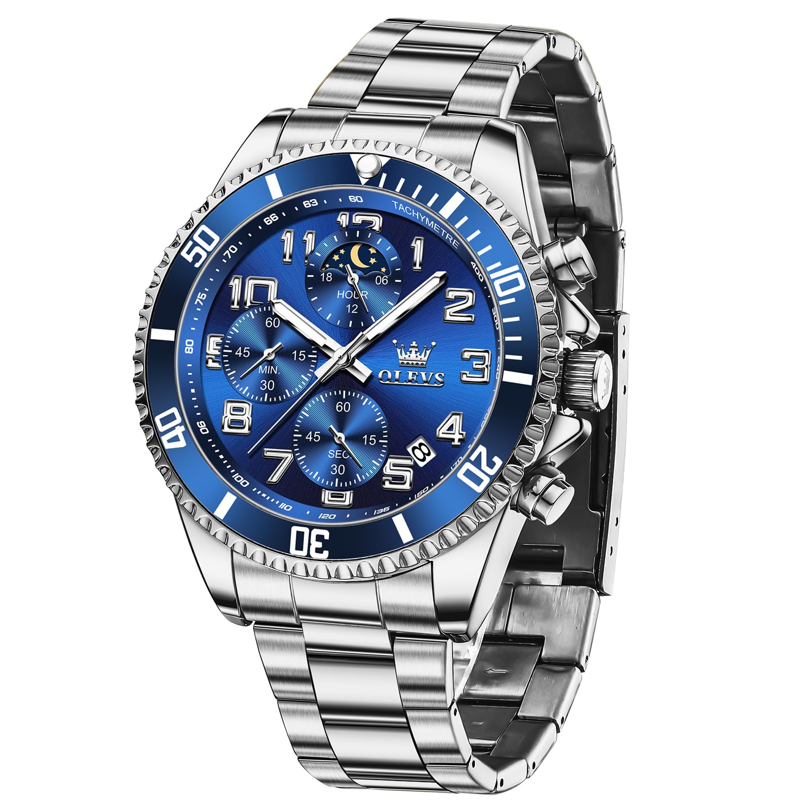 OLEVS Groß Uhr Herren Wasserdicht Leuchtend Edelstahl Mondphase Armbanduhr Herren Analog Chronograph Herrenuhren Arabische Ziffern mit Datum