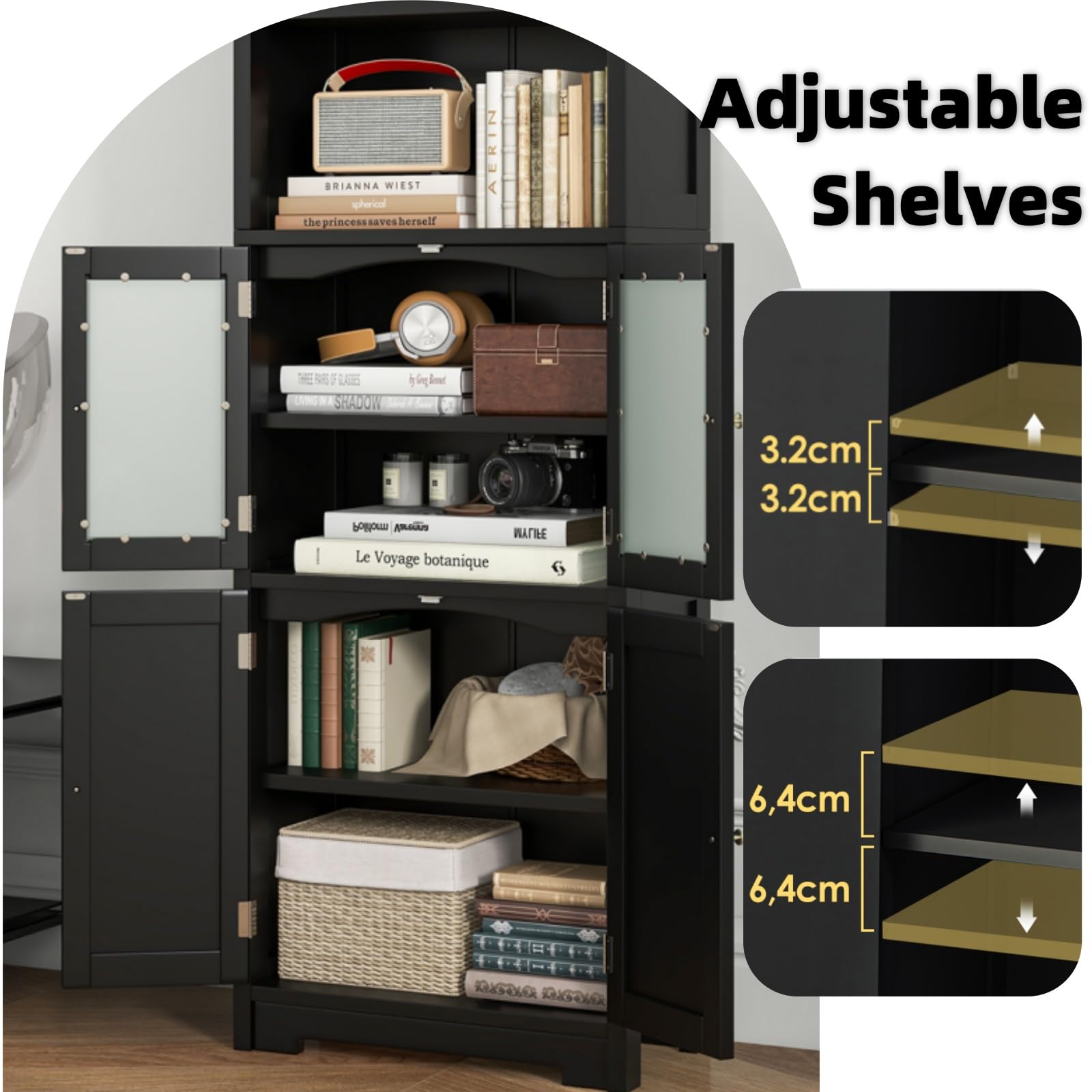 LIFEZEAL Mobiletto Alto da Bagno Salvaspazio, Mobiletto Multiuso in Legno, 60x30x163cm, Mobile Bagno con 2 Ante in Vetro, Armadietto da Terra con Ripiani Regolabile per Cucina e Soggiorno (nero)