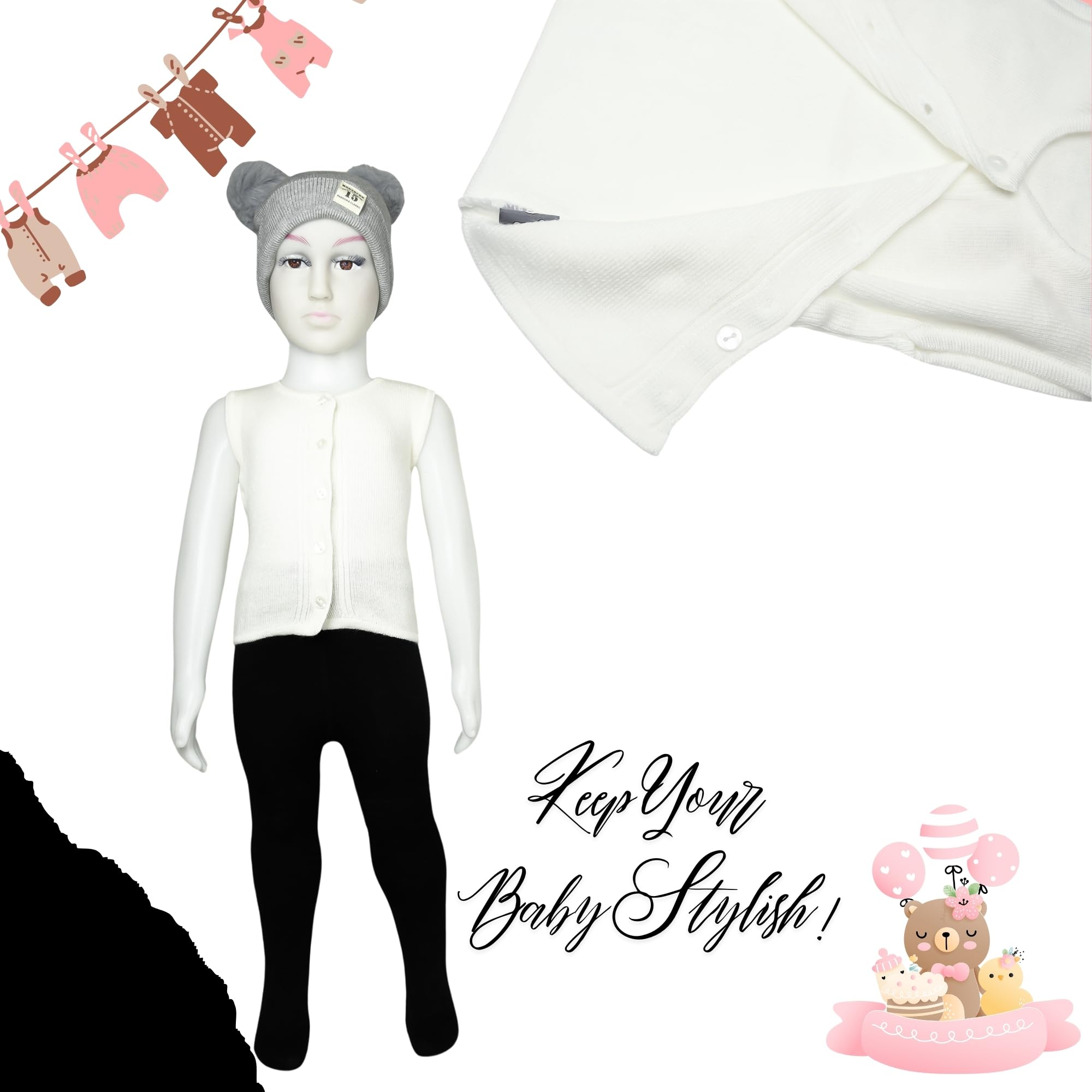 THE LITTLE LOOKERS Front Open Half Sleeves Sweaters/Inner/Bandi/Wollen Vest for New Born Babies/Infants(0-3 Months) (Black & White) - Image 6 thumbnail