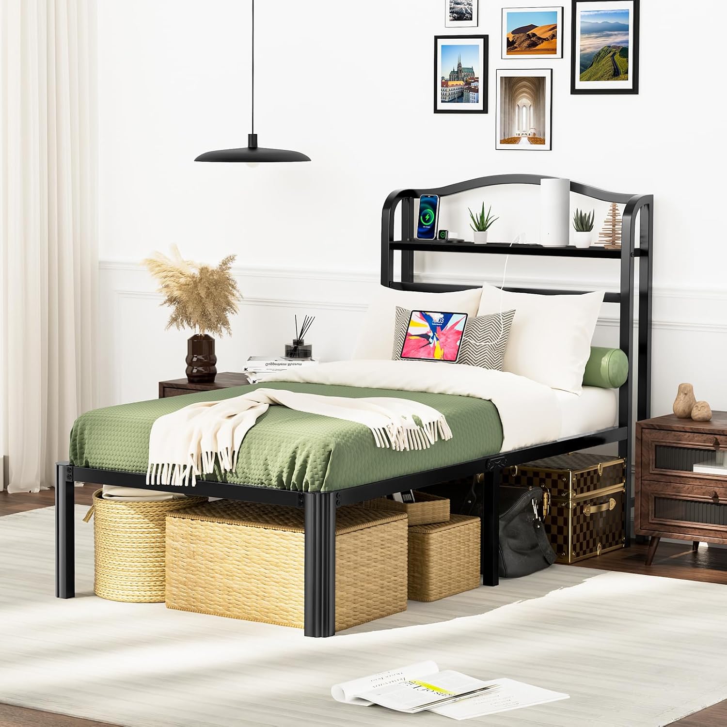 Queen Bed Frame with Headboard & Charging Station 18 Inch Tall Metal Bed Base Heavy Duty Mattress Foundation with Large Storage Space,Black Platform Bed Frames no Box Spring Needed(18 Inch, Queen)