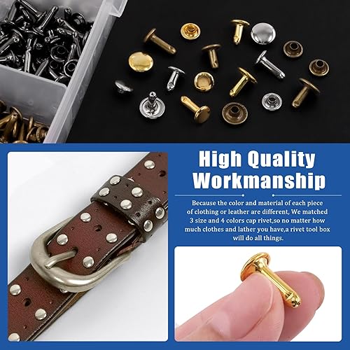 Miniatura 4 de Glarks 360 juegos de remaches de cuero con 5 piezas de herramientas de ajuste de martillo de goma, 4 colores, 3 tamaños, remaches de doble