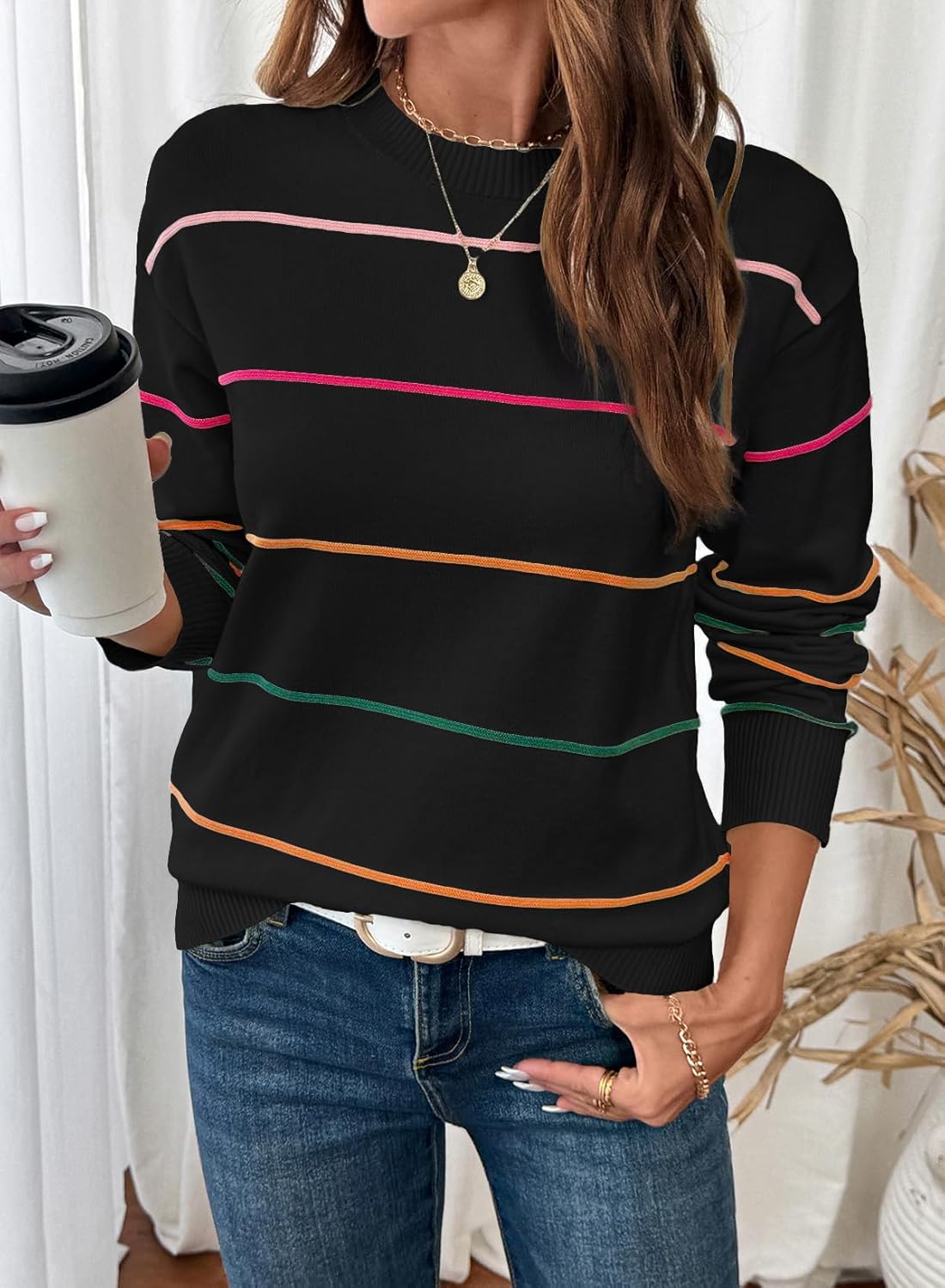 SHEWIN Womens Sweaters Crew Neck Knit Long Sleeve Striped Sweater Fall Outfits for Women 2025 - Image 5