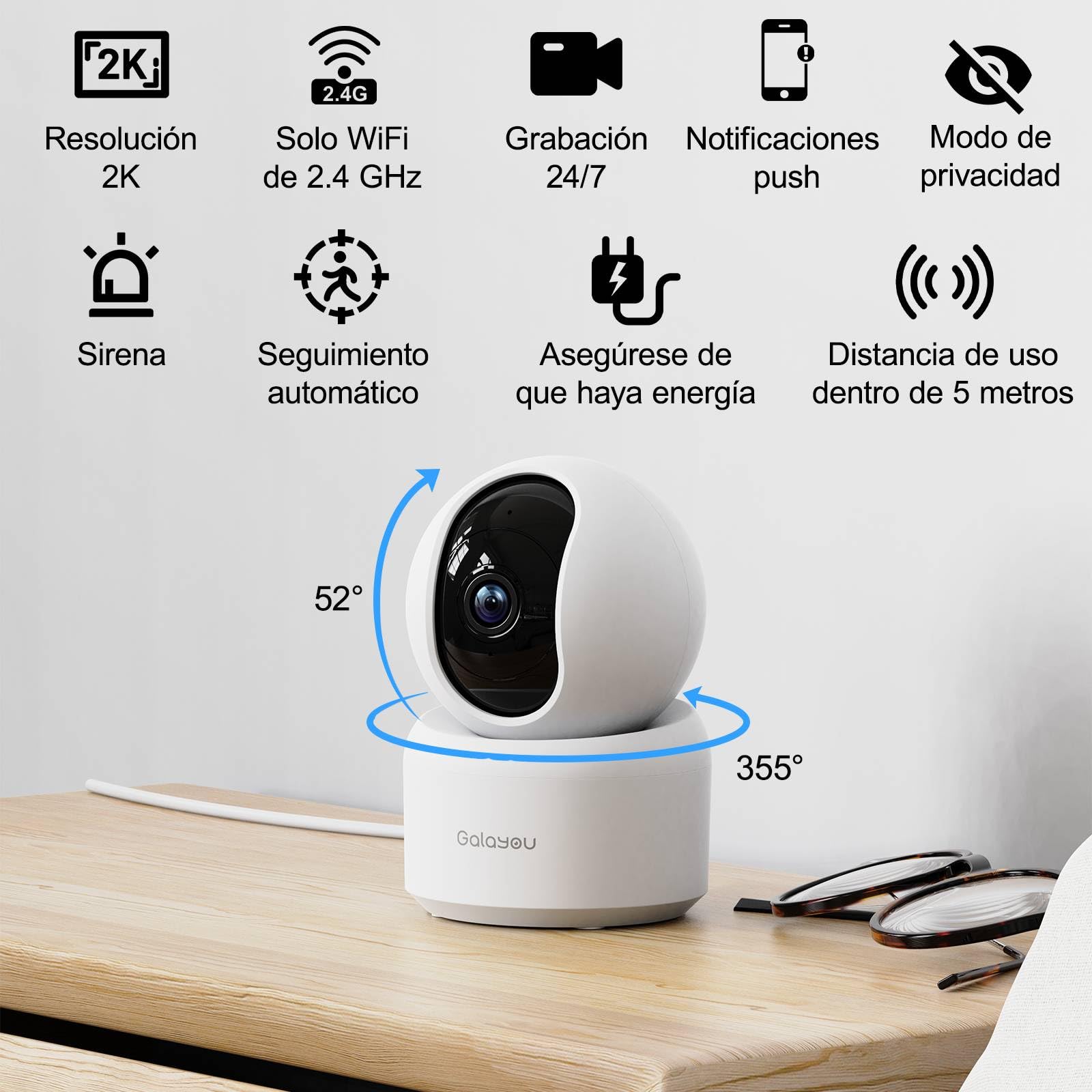 GALAYOU 2K Cámara Vigilancia WiFi Interior - Camaras Vigilancia Domicilio WiFi 2,4G para Perros y Bebe 360°, Seguimiento de Movimiento, Grabación Continua, Audio Bidireccional, Compatible con Alexa