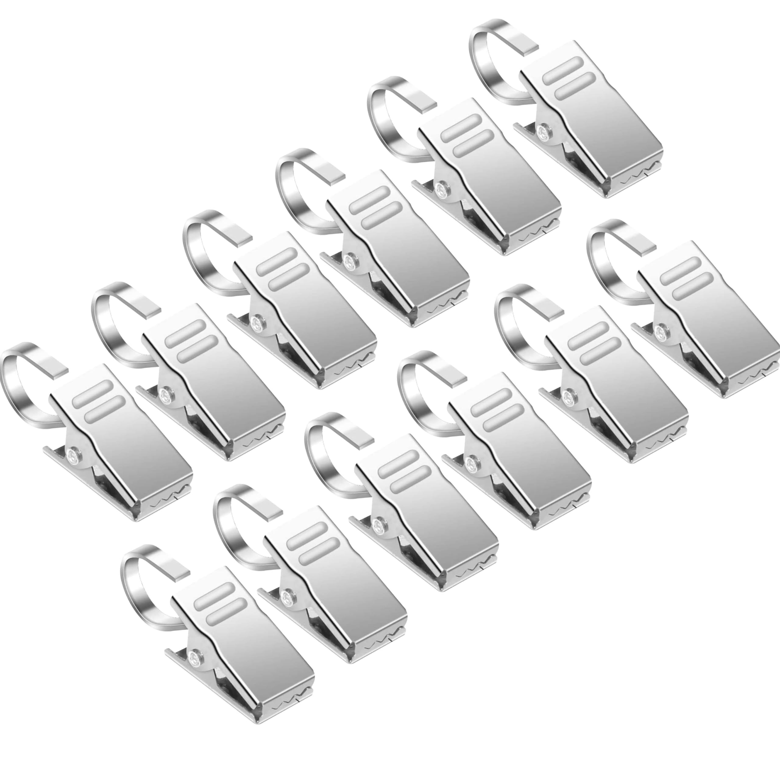 Clip per Tende con Gancio -✮GARANZIA A VITA✮- Confezione da 12 Clip a Molla - Ganci per Tenda Doccia - Mollette in Acciaio Inox per Tendaggi e Decorazioni da Parete, Superficie Liscia