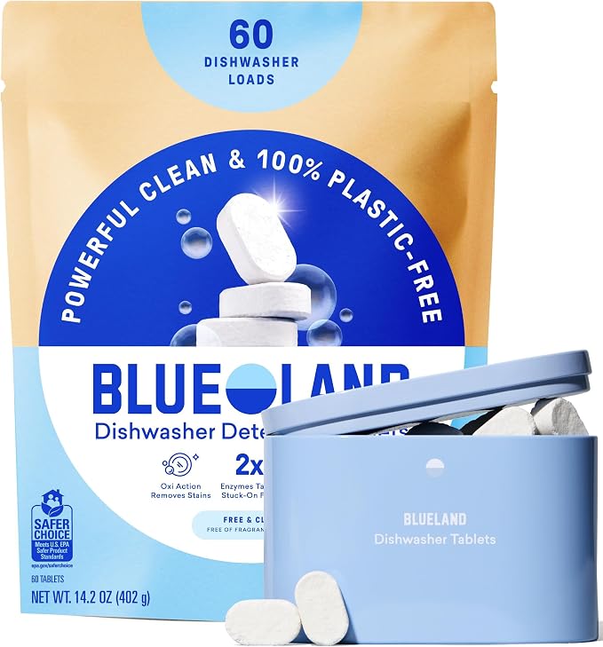 100% Plastic-Free Dishwasher Detergent Tablets, Starter Set, 60 Count with tin, Free & Clear, Eco-Friendly Dishwashing Pods, Natural, USDA Certified biobased