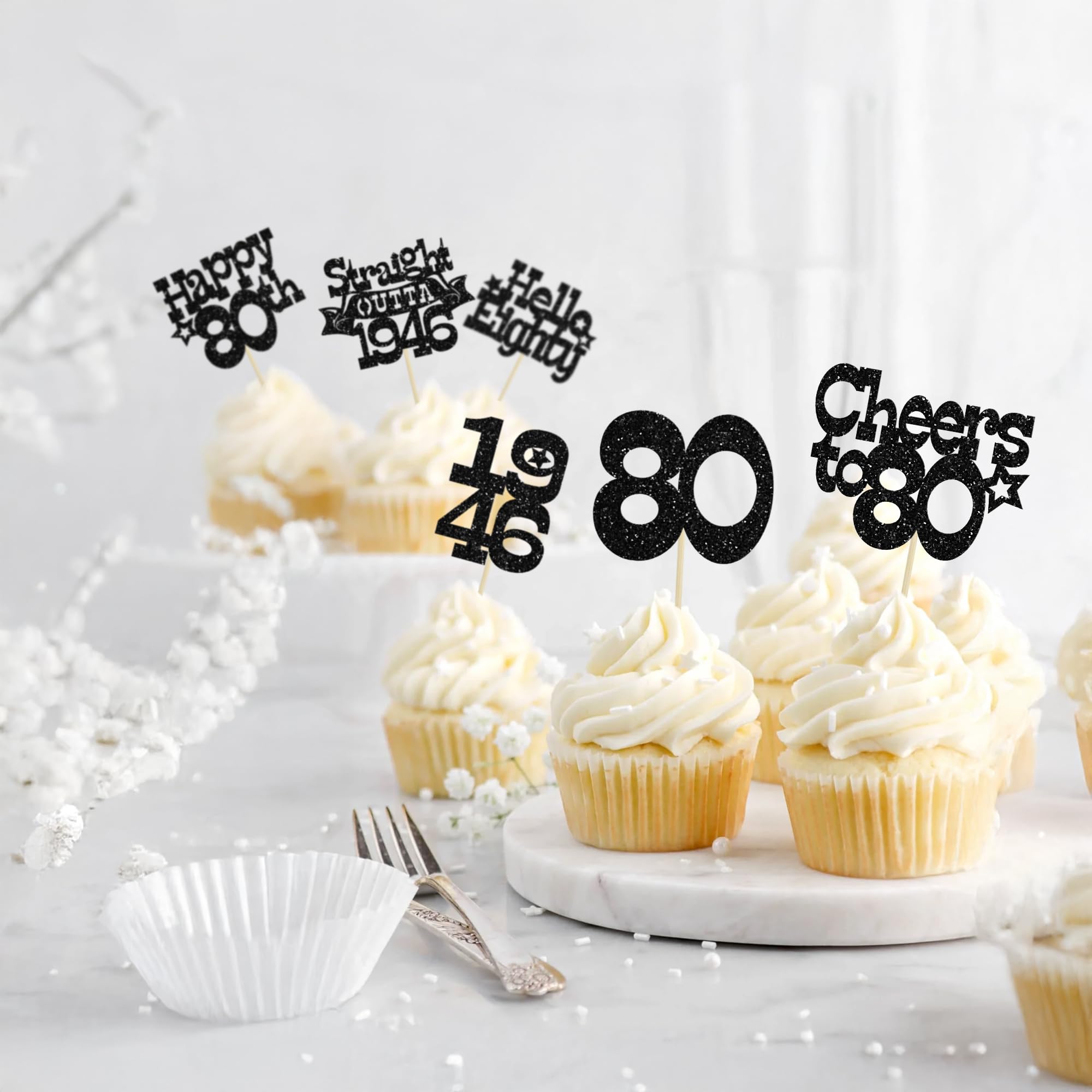 Ephlyn 30Pcs Straight Outta 1946 Cupcake Toppers Glitter Eighty Happy 80th Birthday Cupcake Picks Cheers to 80 Years Cake Decorations for Happy 80th Birthday Anniversary Party Supplies Black - Image 6
