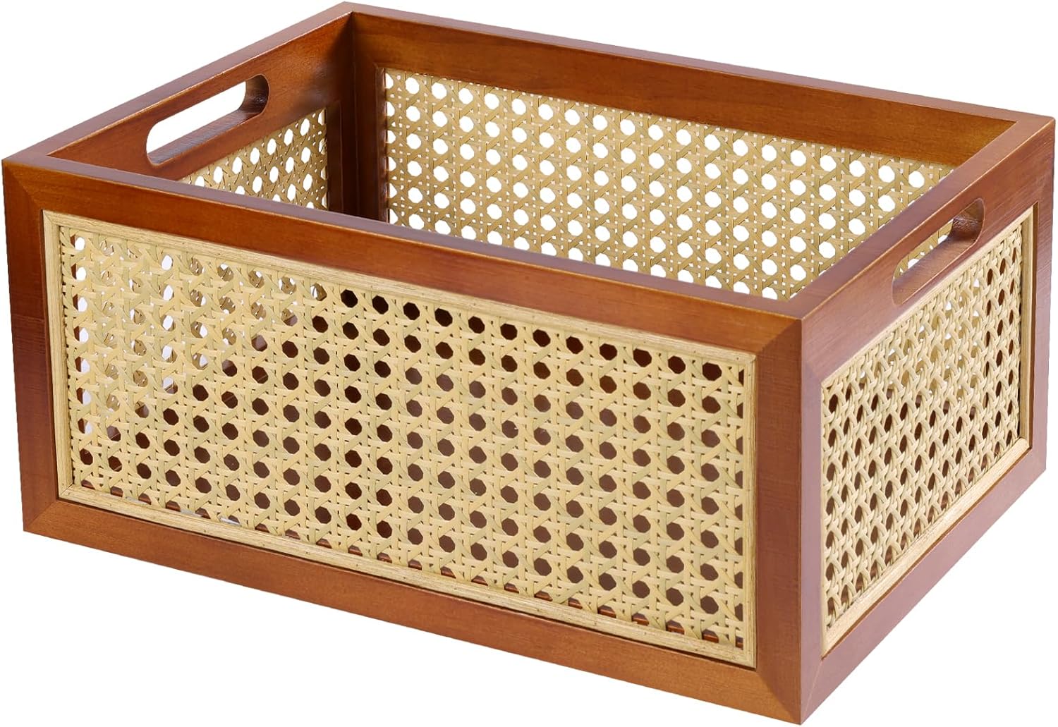 ANMINY Rattan Storage Basket Wooden Baskets with Handles Desktop Decorative Wicker Storage Basket Wood Nesting Crates Home Sundry Office Drawer Shelf Organizer - Brown