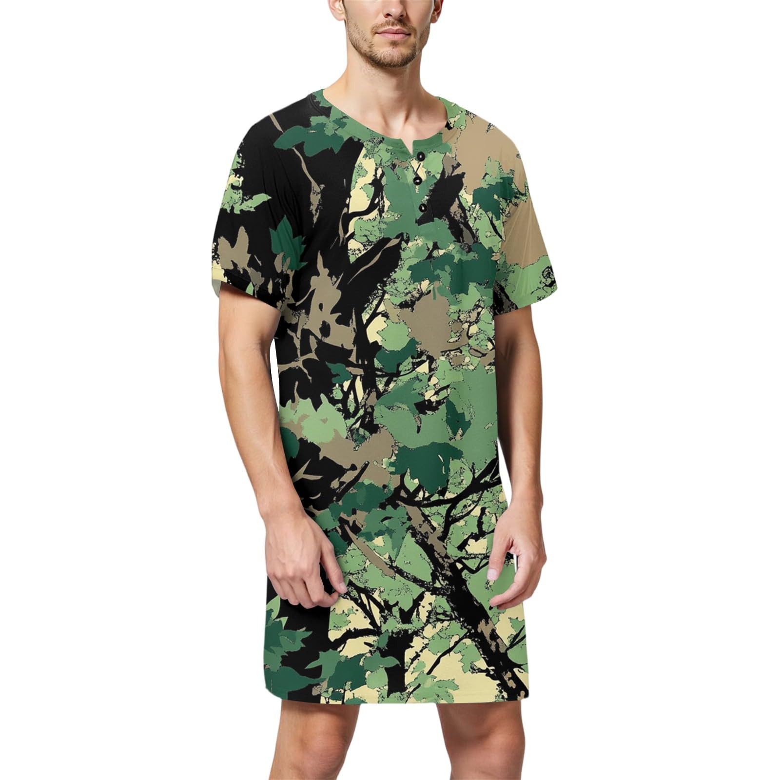 Herren knielanges Schlafshirt mit Henley-Kragen – Weiches Kurzarm Nachtwäsche-Hemd mit Bambusprint, Bequeme Loungewear