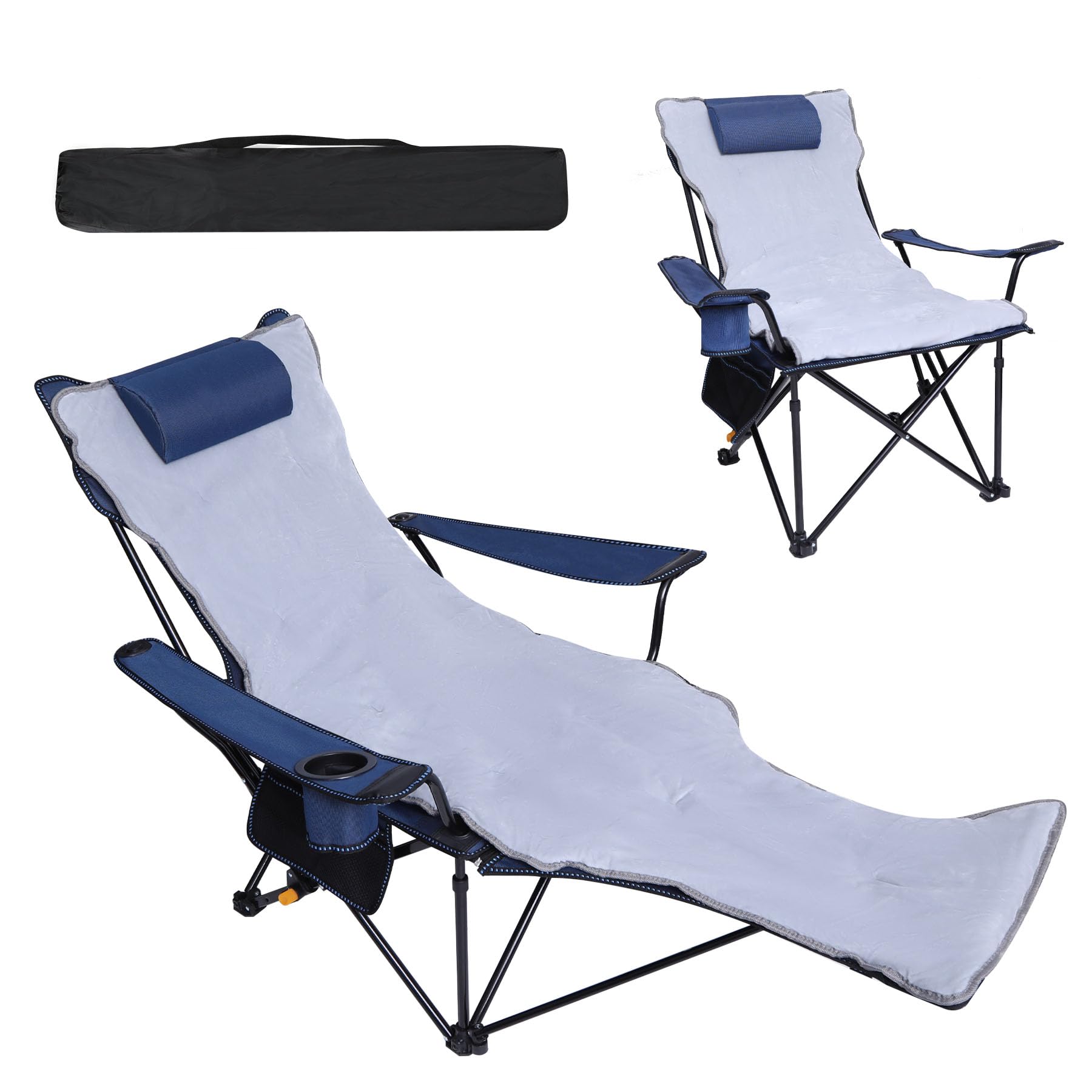 REDCAMP Sedia da campeggio pieghevole 2 in 1, con poggiapiedi, sedia da spiaggia con schienale regolabile in 4 posizioni, sedia a sdraio pieghevole con portabicchieri, sedia da campeggio per campeggio
