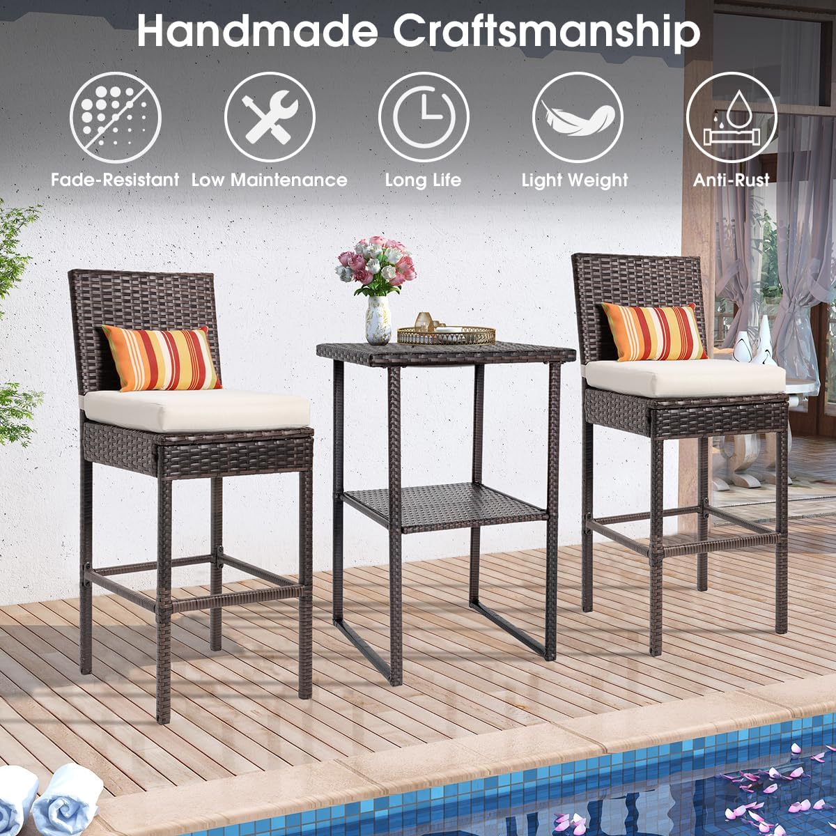 Sundale Outdoor 3 PCS Outdoor Bar Set, Wicker Bar Table and Bar Stools with Storage Shelf and Cushions, Rattan Bistro Pub Set for Deck Poolside Balcony Garden (Brown&Beige)