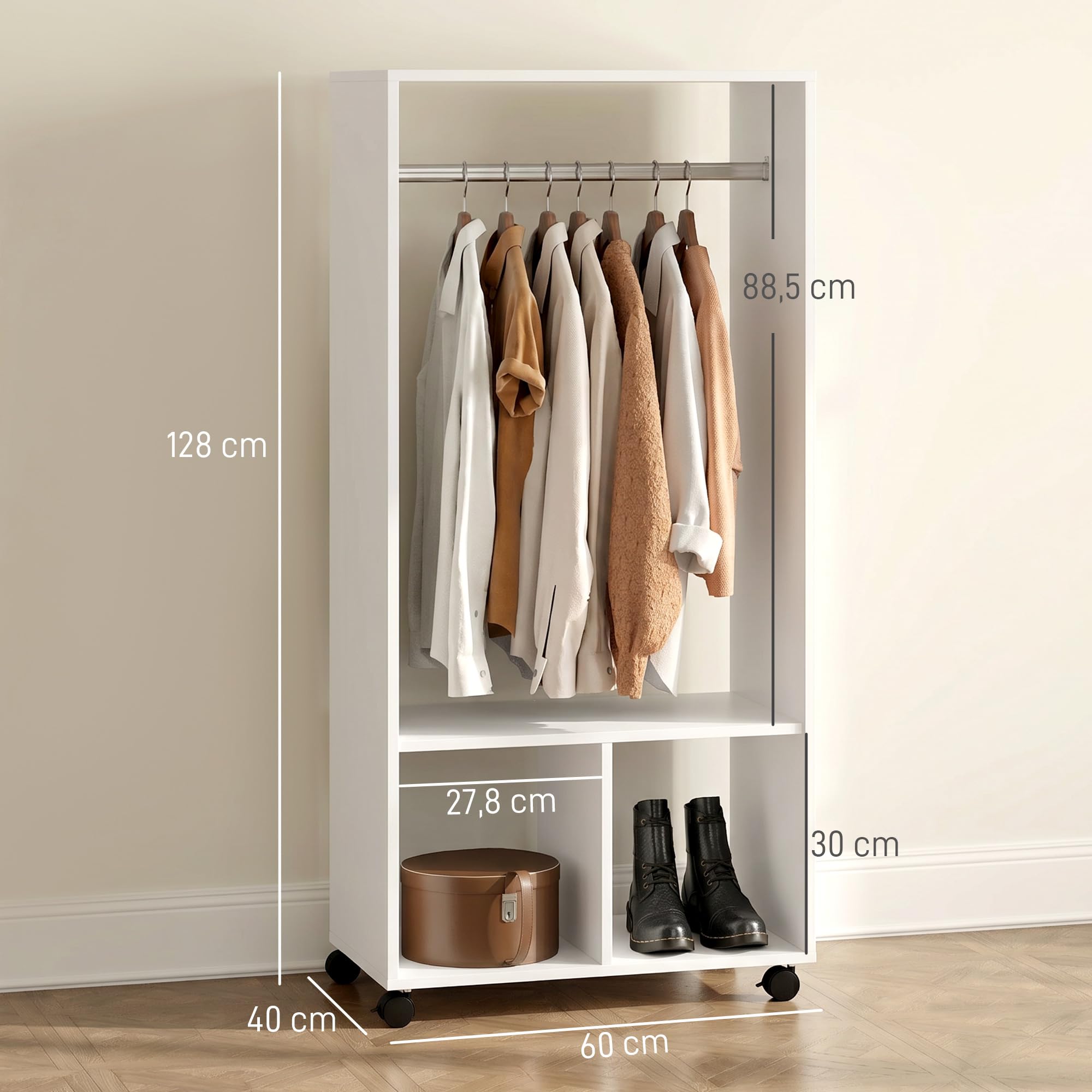 HOMCOM Armario Ropero con Ruedas Armario para Ropa con Barra Estantes Abiertos Organizador para Colgar Ropa de Dormitorio 60x40x128 cm Blanco