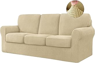 Elastic Sofa Cover with Separated Backrests and Seat Cushions, Non-Slip Sofa Cover with Elastic Band, Jacquard Furniture Protectors (3 Seaters, Beige)