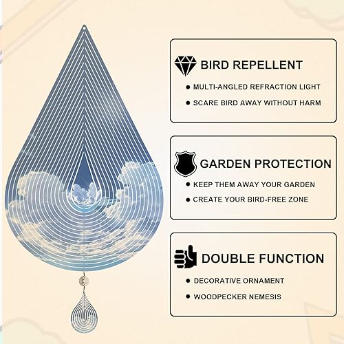 Miniatura 7 de Molinillos de viento, paquete de 2 hilanderos de viento colgantes de acero inoxidable 3D de 12 pulgadas con 2 colgantes de gota de agua y 3 ganchos