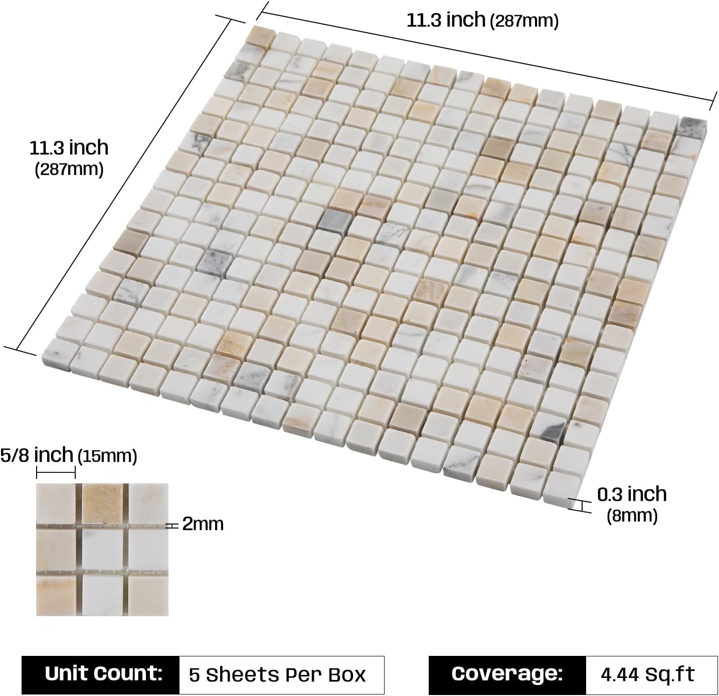Adolif Calacatta Gold Marble Mosaic Tile, 5/8 Inch Square, Honed, Marble Backsplash Tiles for Kitchen Bathroom Wall Floor, 5 Sheet Gold Calacatta 5/8 Inch Square