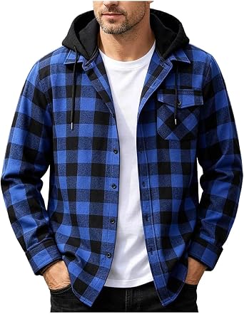 Flannel Shirt for Men Casual Long Sleeve Button Down Plaid Shirts Jackets Loose Drawstring Hooded Tops with Pocket