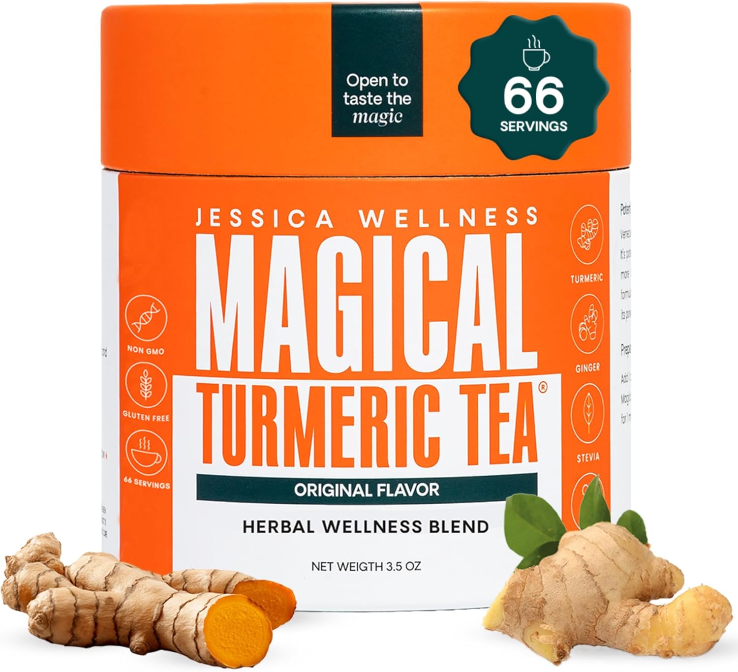JESSICA WELLNESS Magical Turmeric Ginger Tea, Black Pepper and Stevia | Ginger Turmeric Tea Organic Blend | 3.5 oz (Original Flavor)