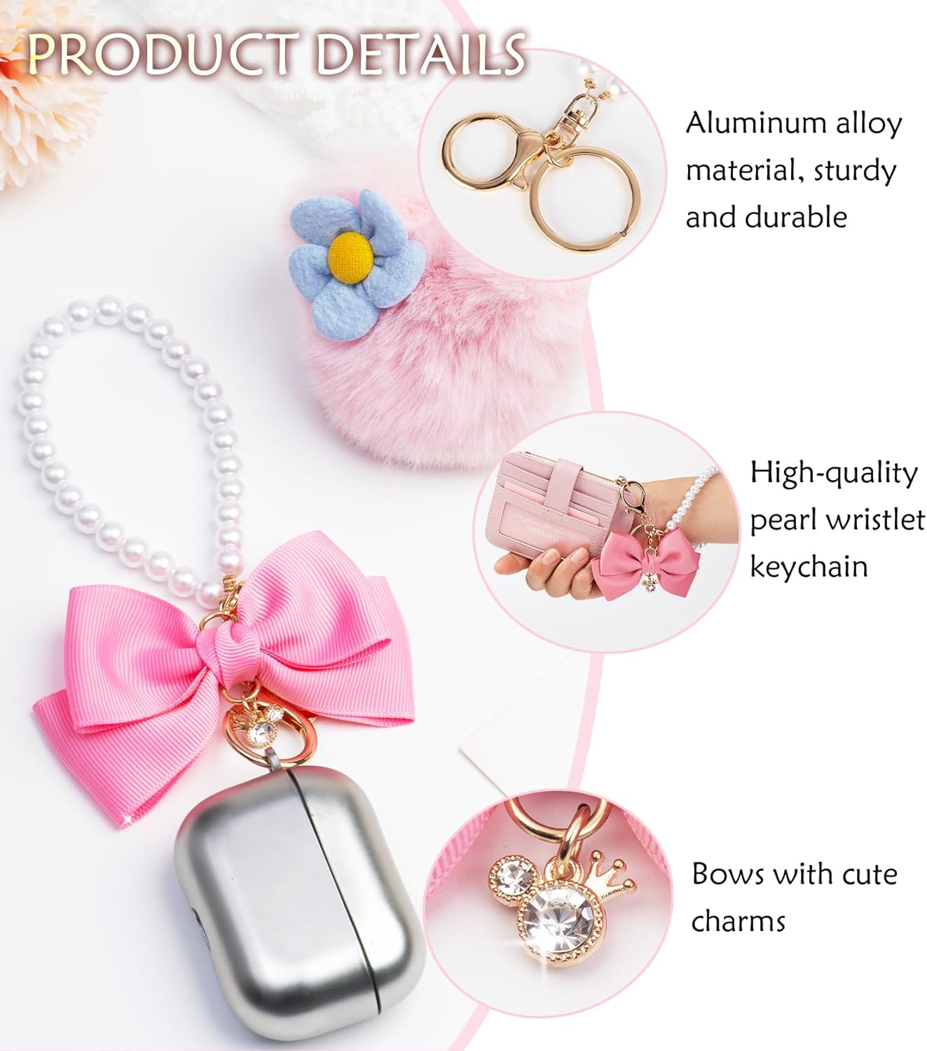 Keychain Wristlet, Bag Charms, Purse Charms, Pom Pom Keychain Cute Soft Artificial Rabbit Fur Plush Fluffy Ball Key Chain (Pink Key Chain) - Image 3