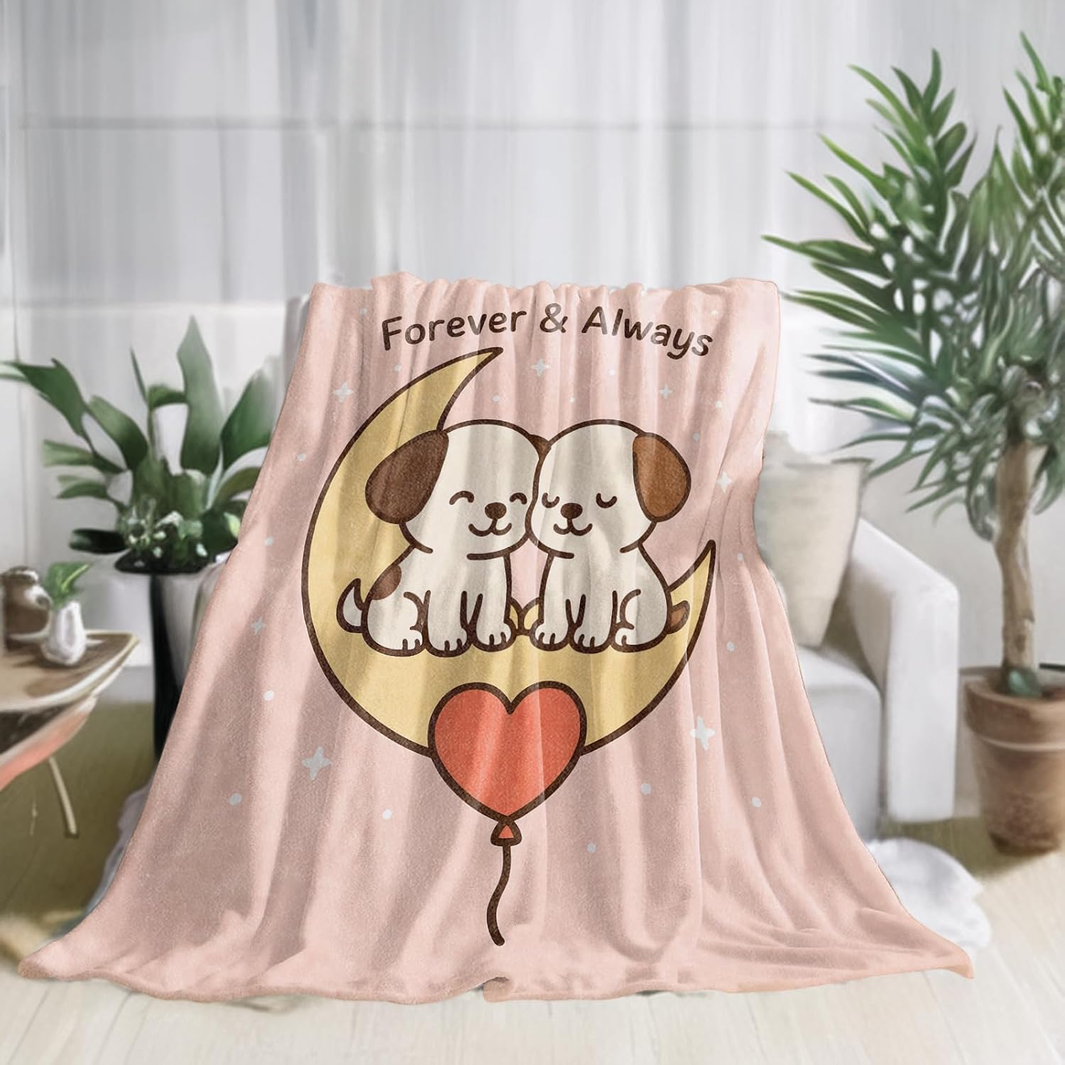 Cute Cartoon Puppy Flannel Blanket, Romantic Moon with Forever and Always Quote Throw Blankets Lightweight Soft Cozy for Chair Bed Sofa Camping Travel, Home Decor, Gifts for Dog Lovers, 50x60in - Image 2