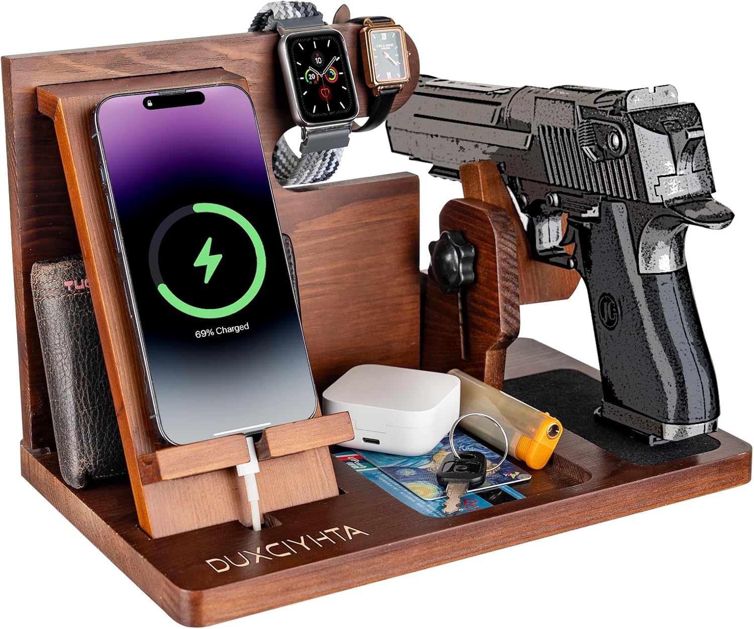 Wood Gun Organizers Holder Mens Gift Phone Wallet Docking Station Military Watch Night Stand Key Holder Side Table Charging Station Portable Small Item Storage Station