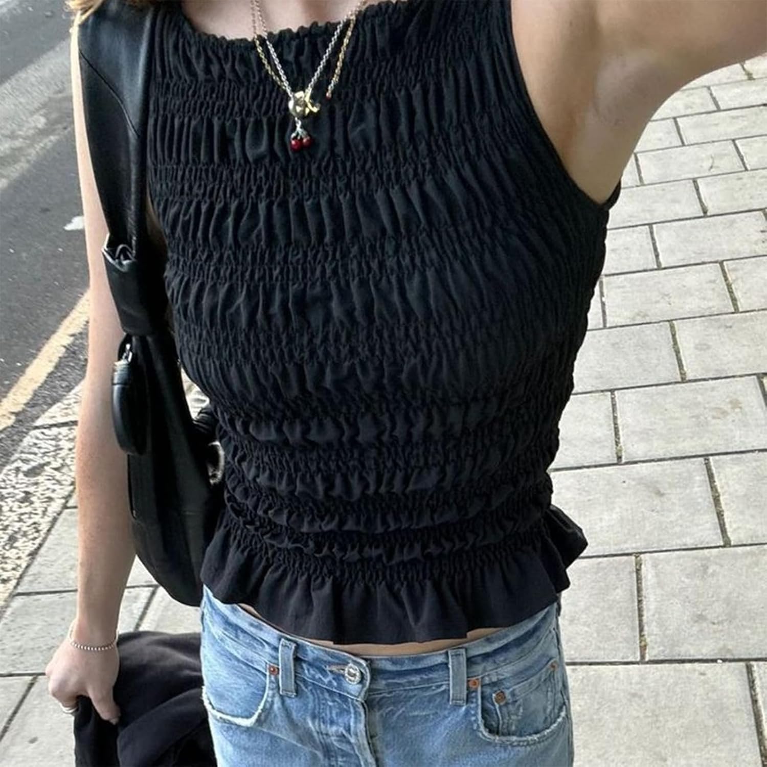 Women Smocked Tank Top Y2K Shirred Frill Sleeveless Crop Top Plaid Ruffle Hem Top Shirt Beach Vacation - Image 6