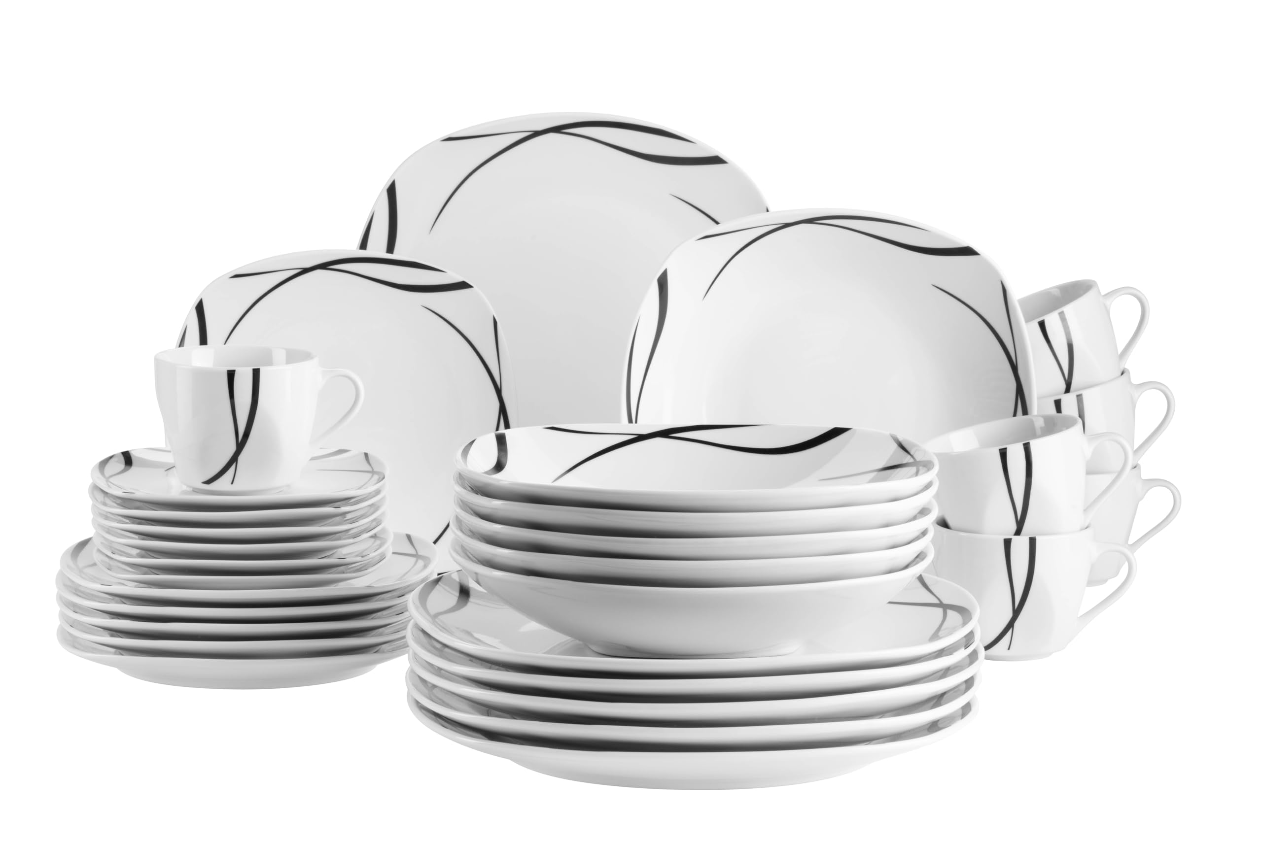 MÄSER Serie Decora, Geschirr Set für 6 Personen, 30-teiliges Kombiservice in eckiger Form, elegant, zeitlos, Porzellan, Weiß