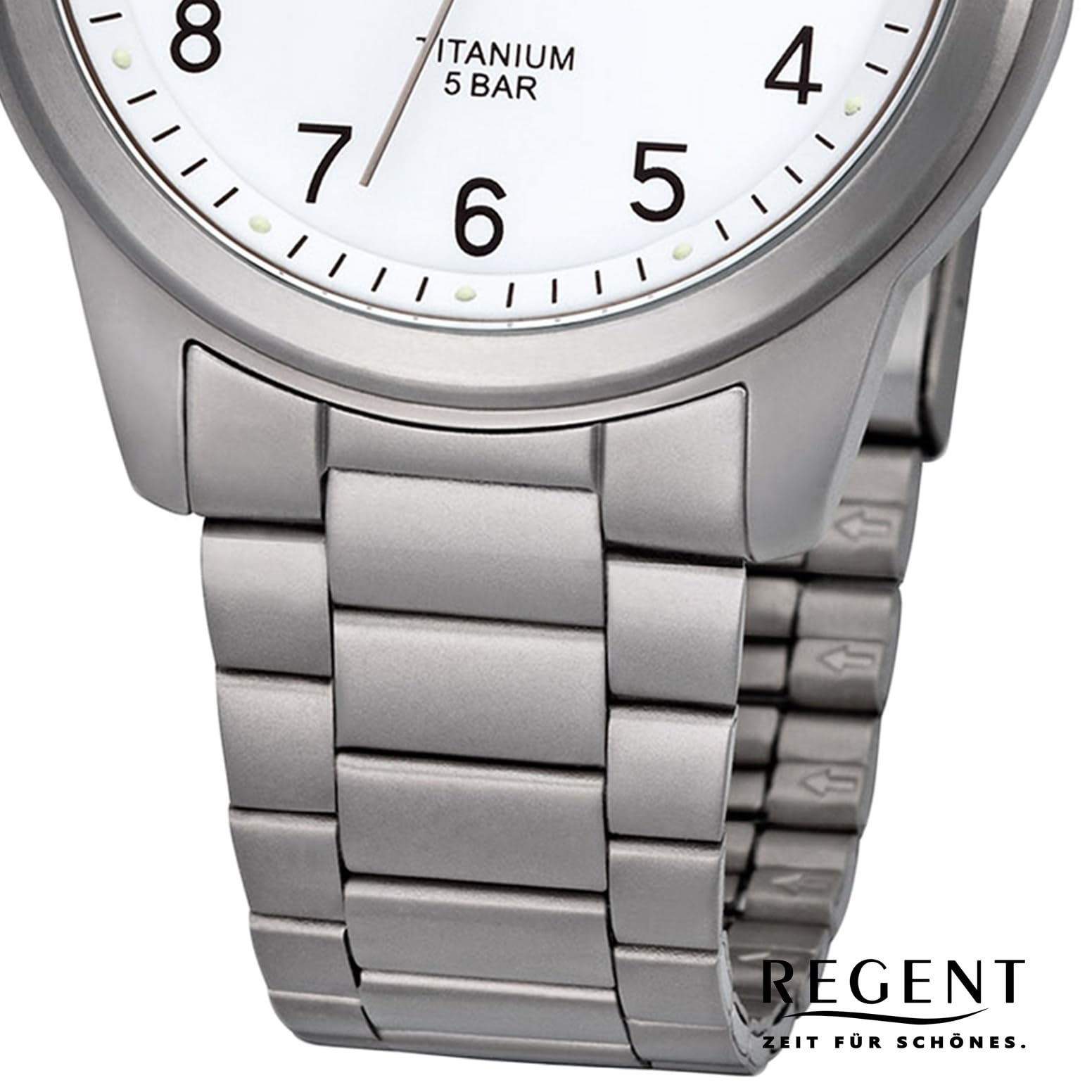 REGENT Herrenuhr mit Titan Glieder Armband und Titan Gehäuse 36 MM Durchmesser Quarz Arabische Zahlen Datum