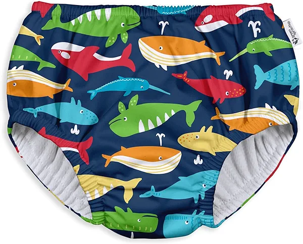 Green Sprouts Boys' Pull-up Reusable Absorbent Swimsuit Diaper, Navy Whale League, 18 Months