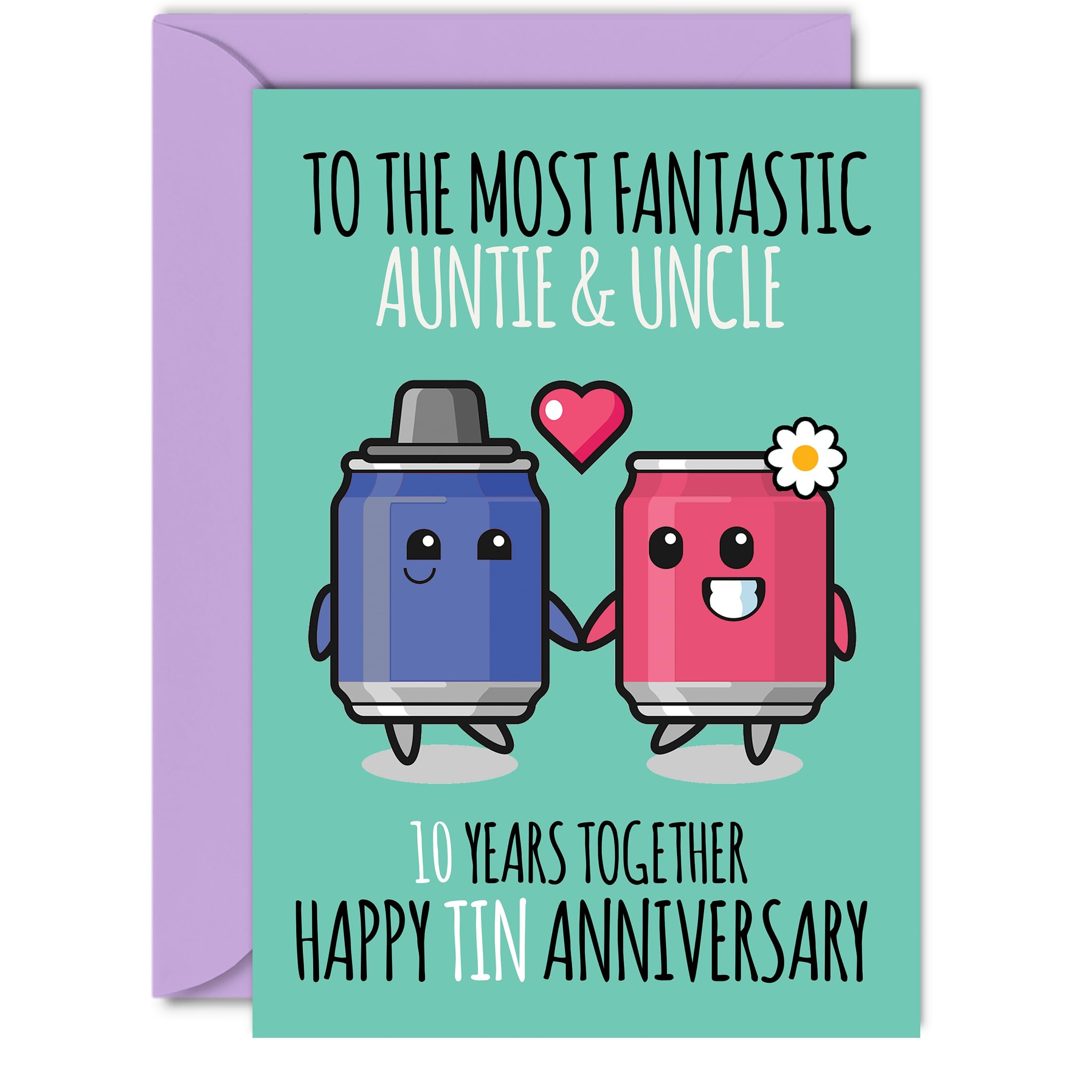 Cute Tin Anniversary Card for Auntie & Uncle - 10 Years Together - Happy 10th Wedding Anniversary Cards for Uncle Aunt, A5 Greeting Cards Anniversaries