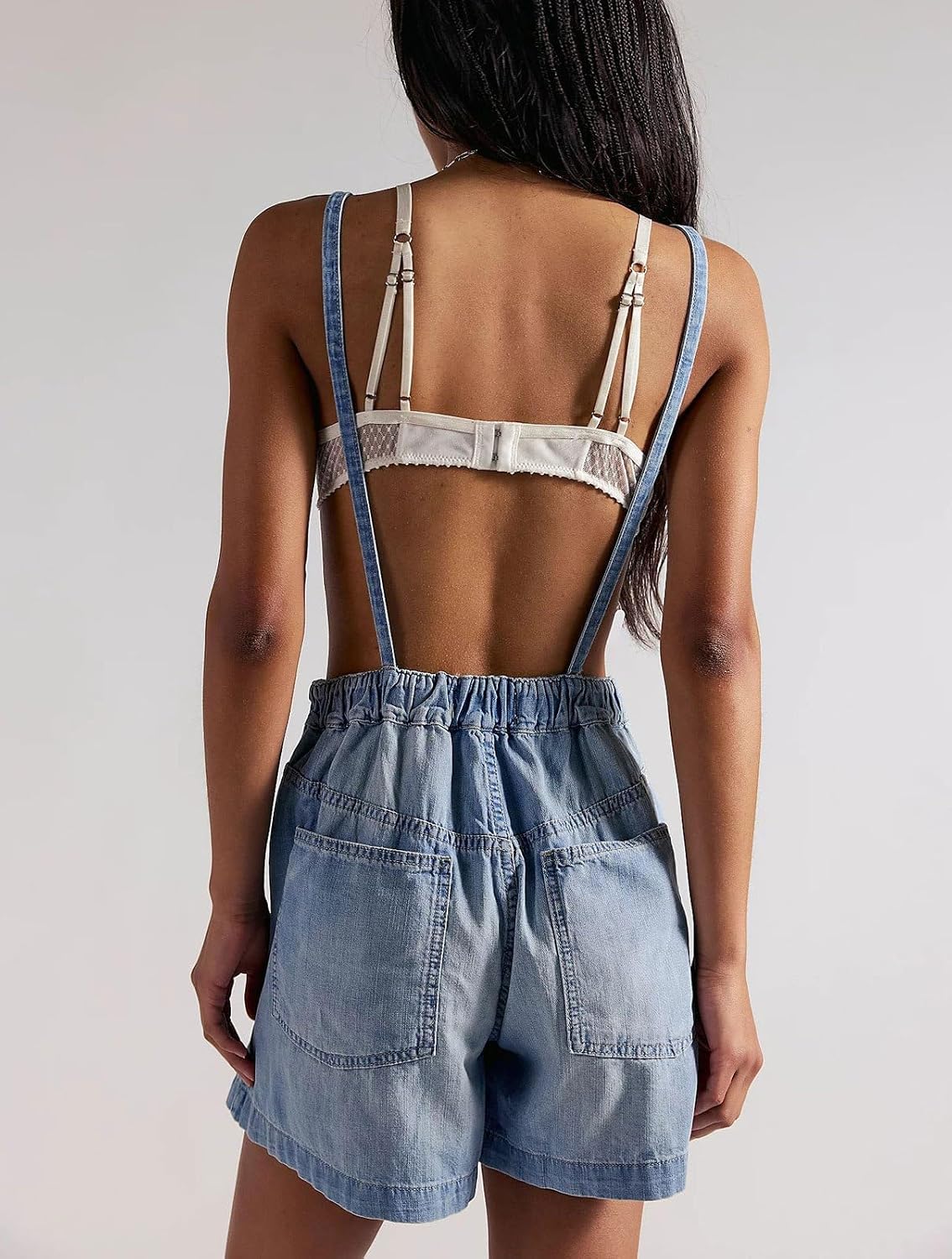loveimgs Women Jean Overall Shorts Self Tie Spaghetti Straps Sleeveless Denim Romper Backless Baggy Jean Overalls Y2k Outfits