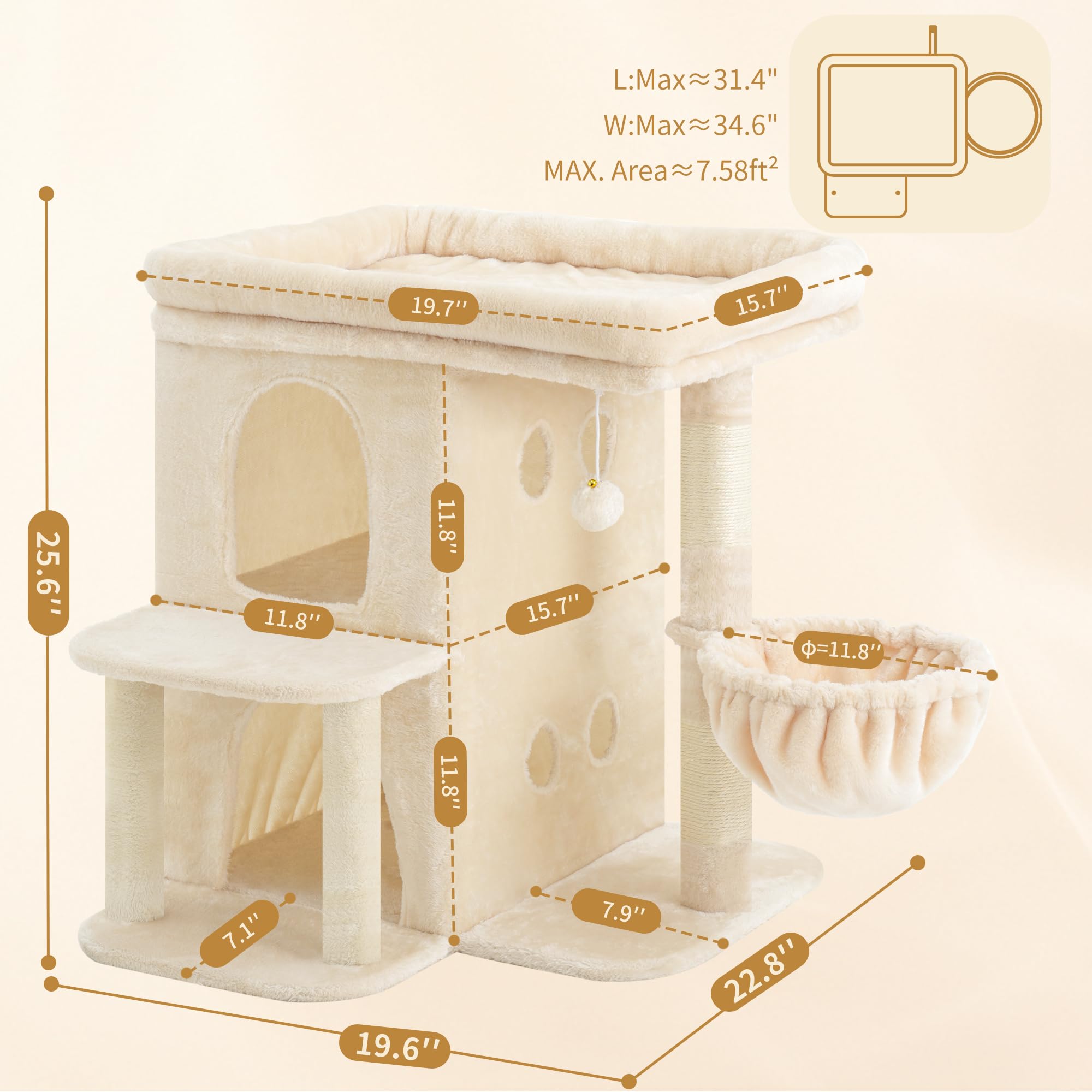 Heybly Albero Tiragraffi, Torre da 65 cm per Gatti Grandi con Piattaforma Spaziosa, Cabine a Due Livelli, Pali Graffiatori in Sisale, Cestino Confortevole e Pompom, Beige HCT204SM
