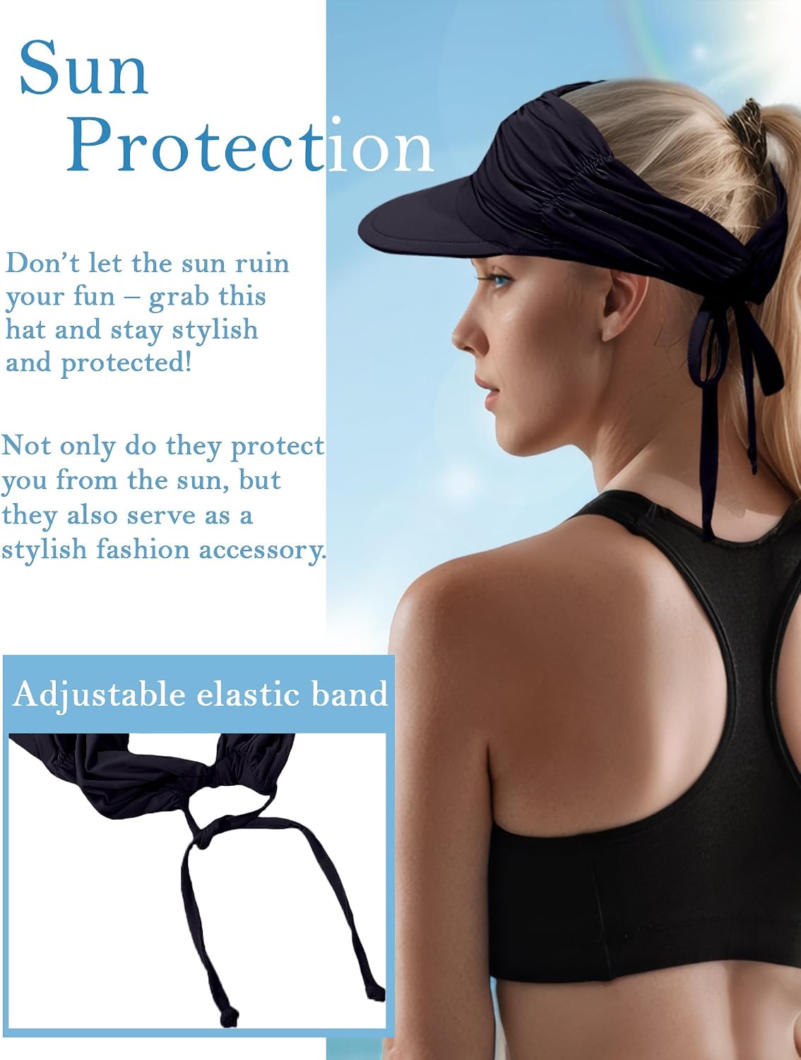FEOYA Women's Wide Brim Visor Hat Adjustable UV Protection Summer Cooling Visor Ponytail Hat for Beach Golf Sports
