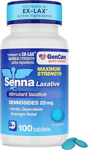 GenCare - Maximum Strength Senna Laxative 25mg (100 Tablets) - Gentle Constipation Relief Sennosides USP Stimulant Laxatives Digestion Pills -
