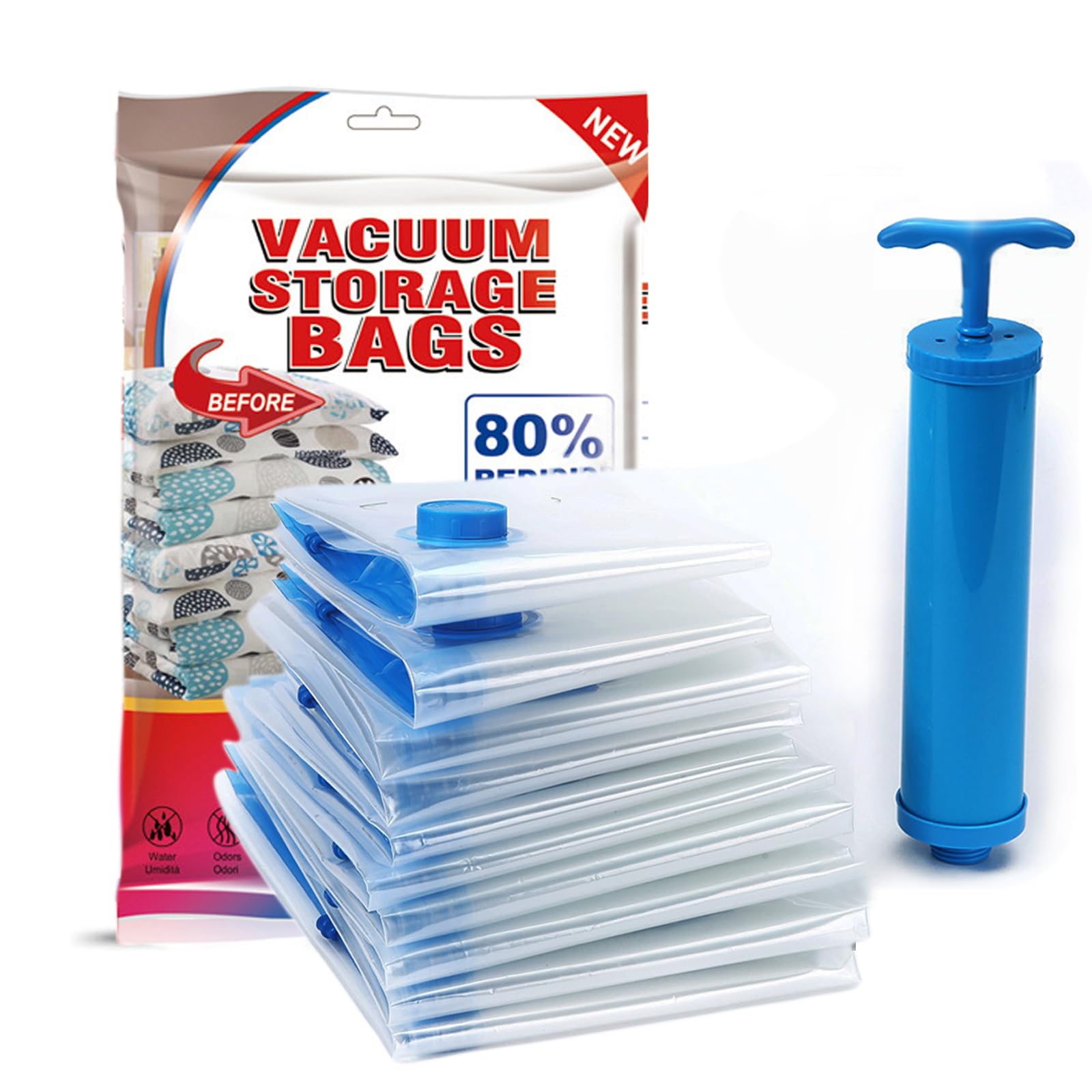8 Pack Space Saving Bag (2 Jumbo/3 Medium/3 Small) Hand Pump Included