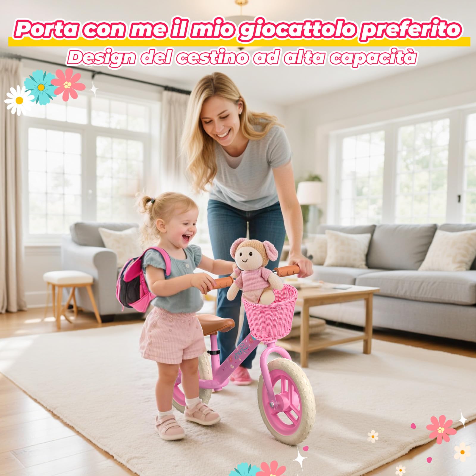HappyGoLucky Bici Senza Pedali 2-5 Anni, Bicicletta Bambina – Ruote Luminose/Altezza Regolabile/Cestino Intrecciato, Giochi Regalo Giocattoli Gioco Bambina 2-5 Anni