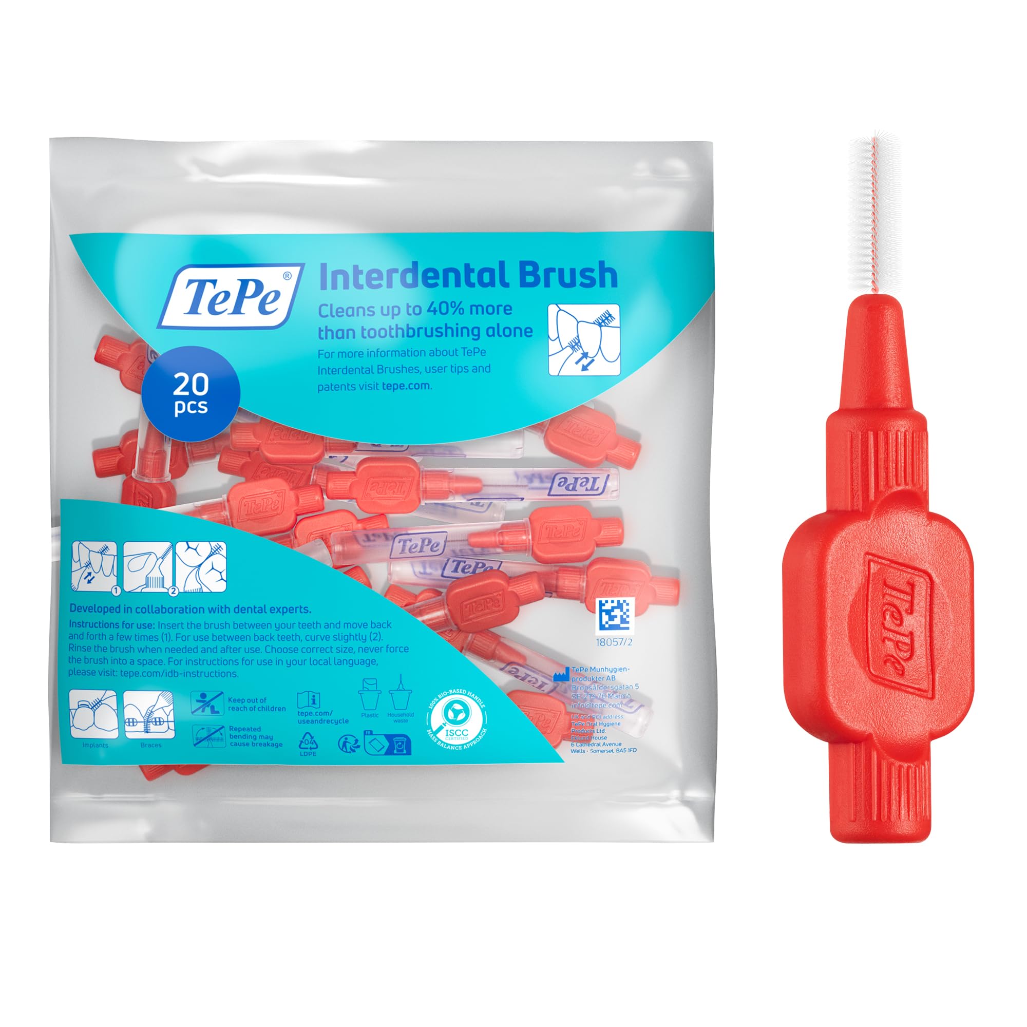 TePe Interdental Brush, Extra Soft, Red, 0.5mm/ISO 2, 20pcss