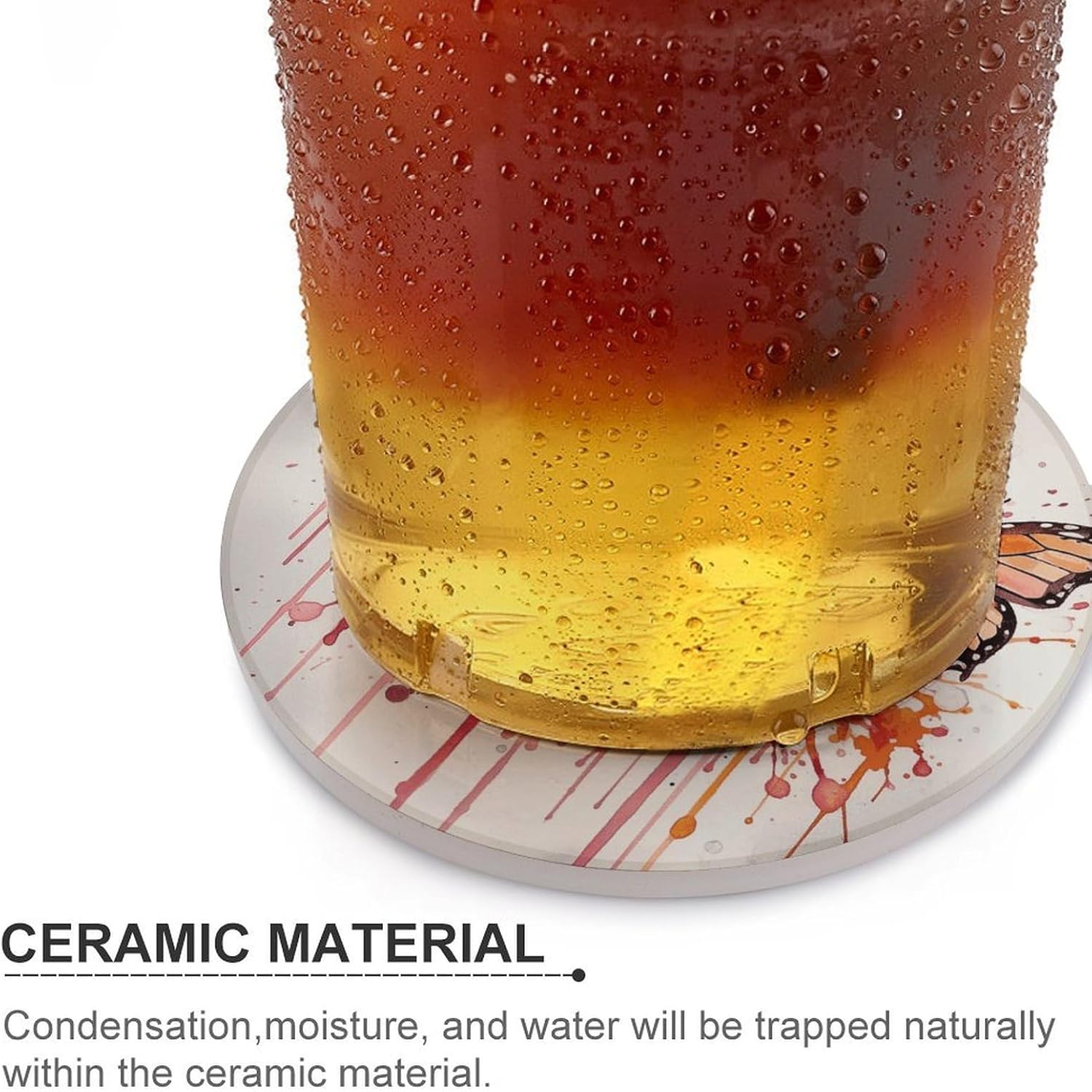 6PCS Butterfly Drip Spray Watercolor Coasters Non-Slip Round Drink Coasters with Ceramic Stone and Cork Base, Heat Resistant Absorbent 33.00Stone Coaster Set for Kinds of Mugs and Cups, 4 Inch