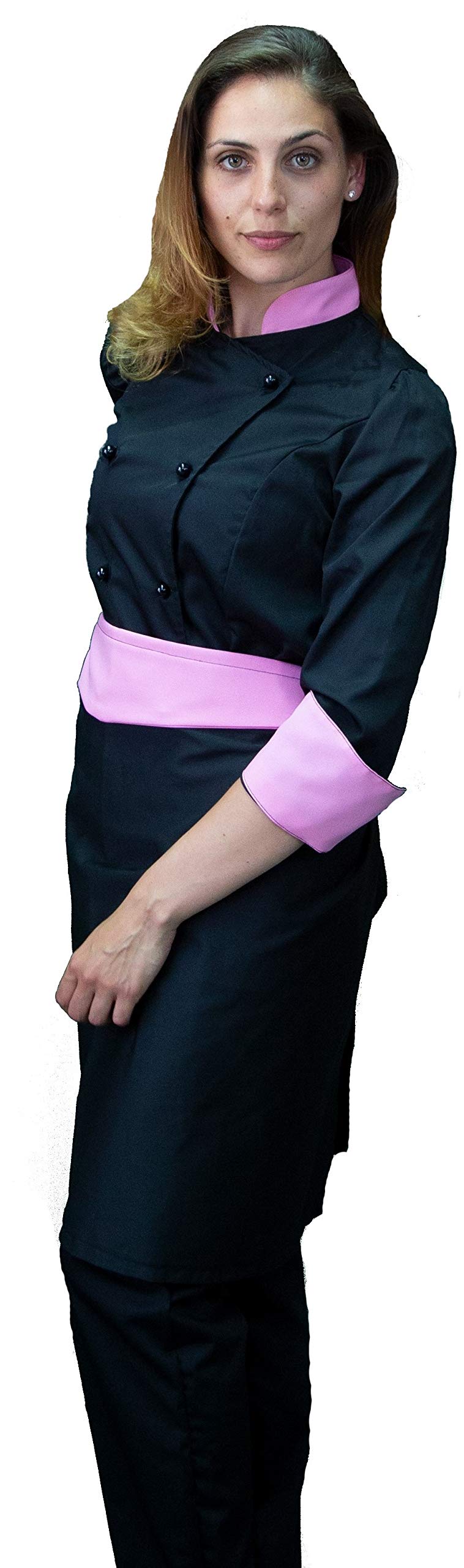 RICAMO GRATUITO - Divisa Cuoco Donna - Nera e Rosa - 3PZ - Giacca, Pantalone e Grembiule - Completo per Cucina e Ristorante - Made in Italy