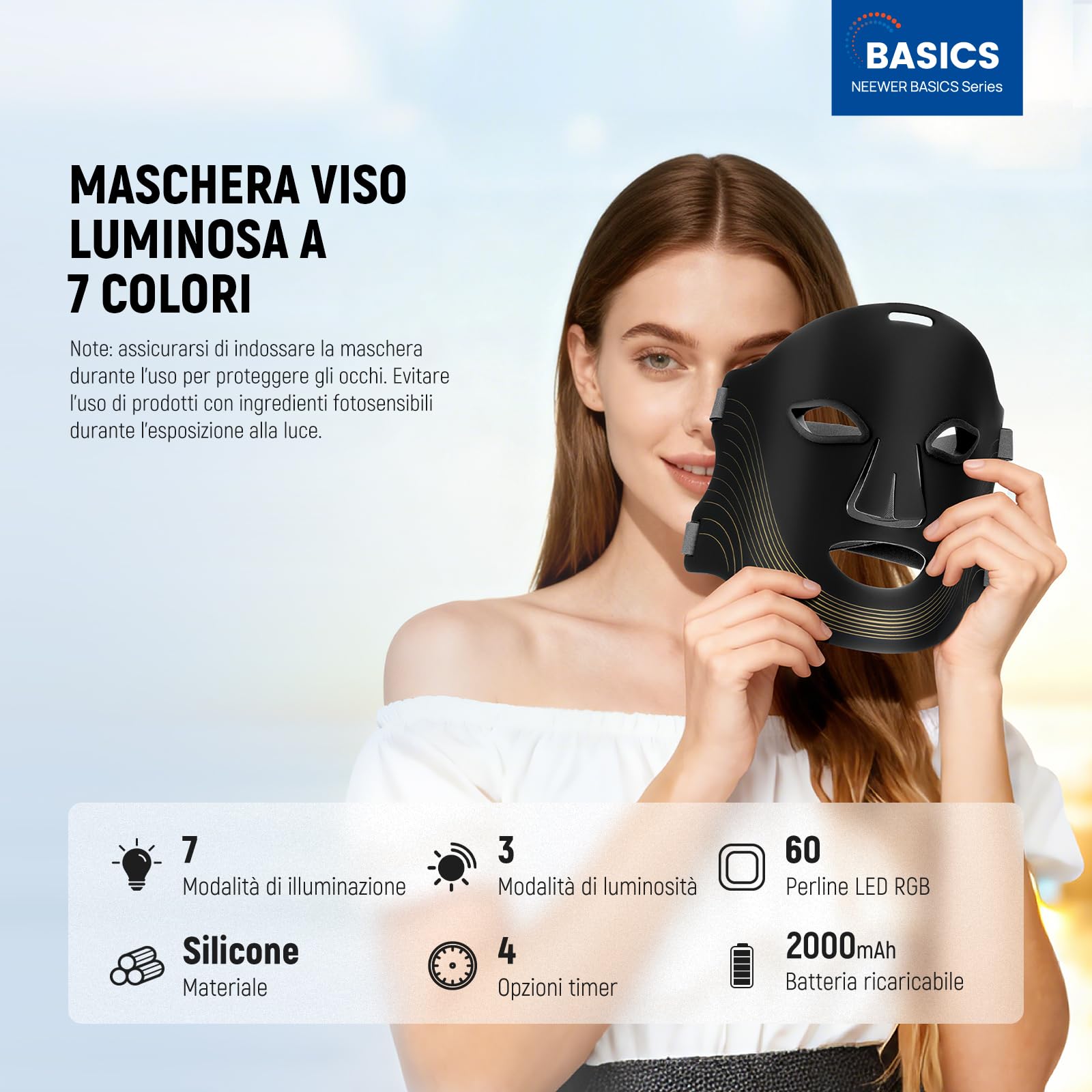 NEEWER BASICS Maschera LED Viso Terapia Luce con 7 Modalità, Timer con Pannello Luce Rossa e Blu, Beauty Mask LED Ricaricabile in Silicone per Cura della Pelle Faccia a Casa e in Viaggio, M08