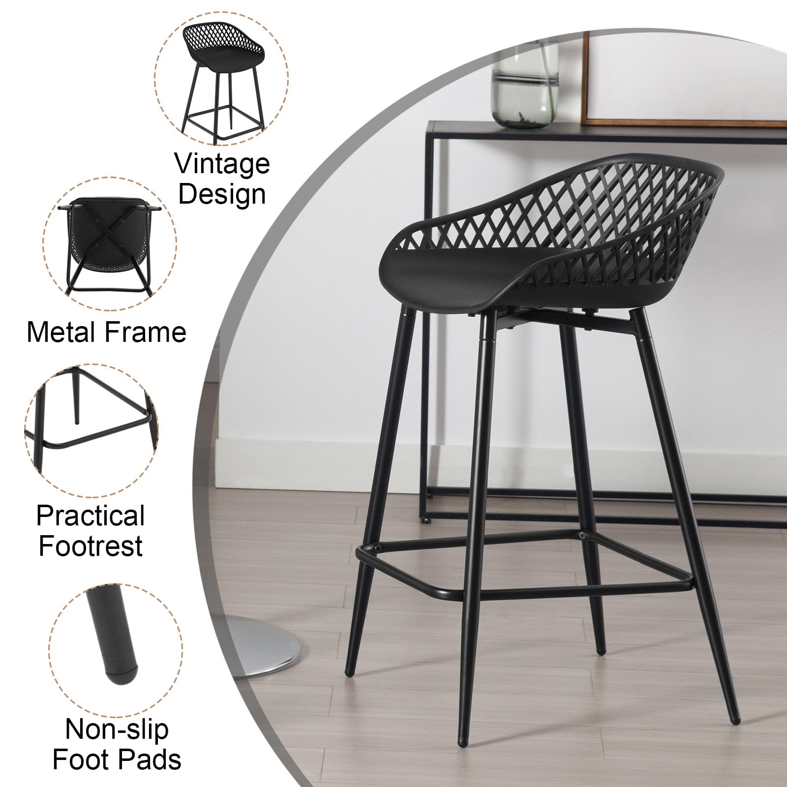 WOLTU Taburetes de Bar 2X con Respaldo, Asiento de PP Duradero, Gris | para Barra Isla, Patas de Metal
