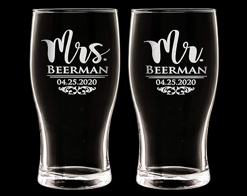 Miniatura 5 de Juego de 2 vasos de cerveza grabados personalizados con texto en inglés "Mr Mrs", 50 aniversario de boda, papá, mamá, novia, novio, pronto para ser