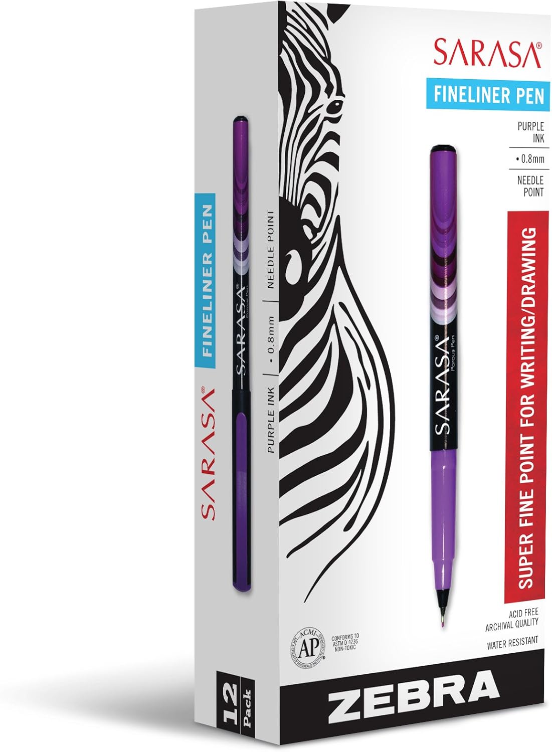 Zebra Pen, SARASA Fineliner Felt Tip Pens, 0.8mm Porous Point, Violet Ink, Archival Quality, Acid Free, Fast-Drying, Ideal for Writing, Journaling and Coloring, 12-Pack 66180AMZ