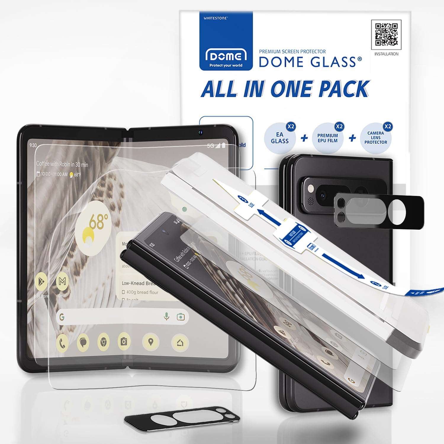 Whitestone All-in One Screen Protector for Google Pixel Fold, 2+2+2 Pack, Tempered Glass, Front, Back, Camera Lens, Easy Install